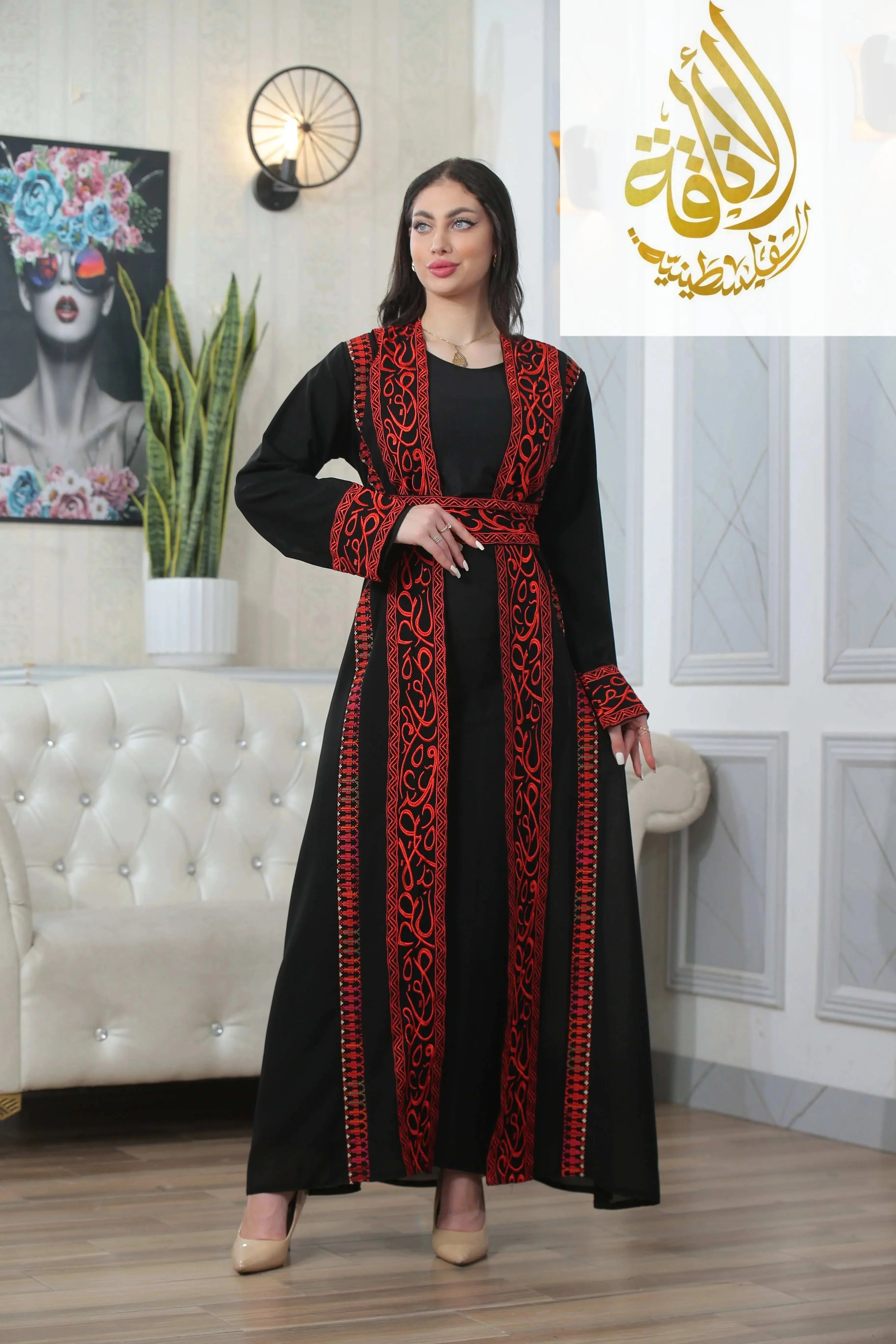 Palestinian Elegance thoub featuring Basma Arabic letters with heritage embroidery Bisht in black and red