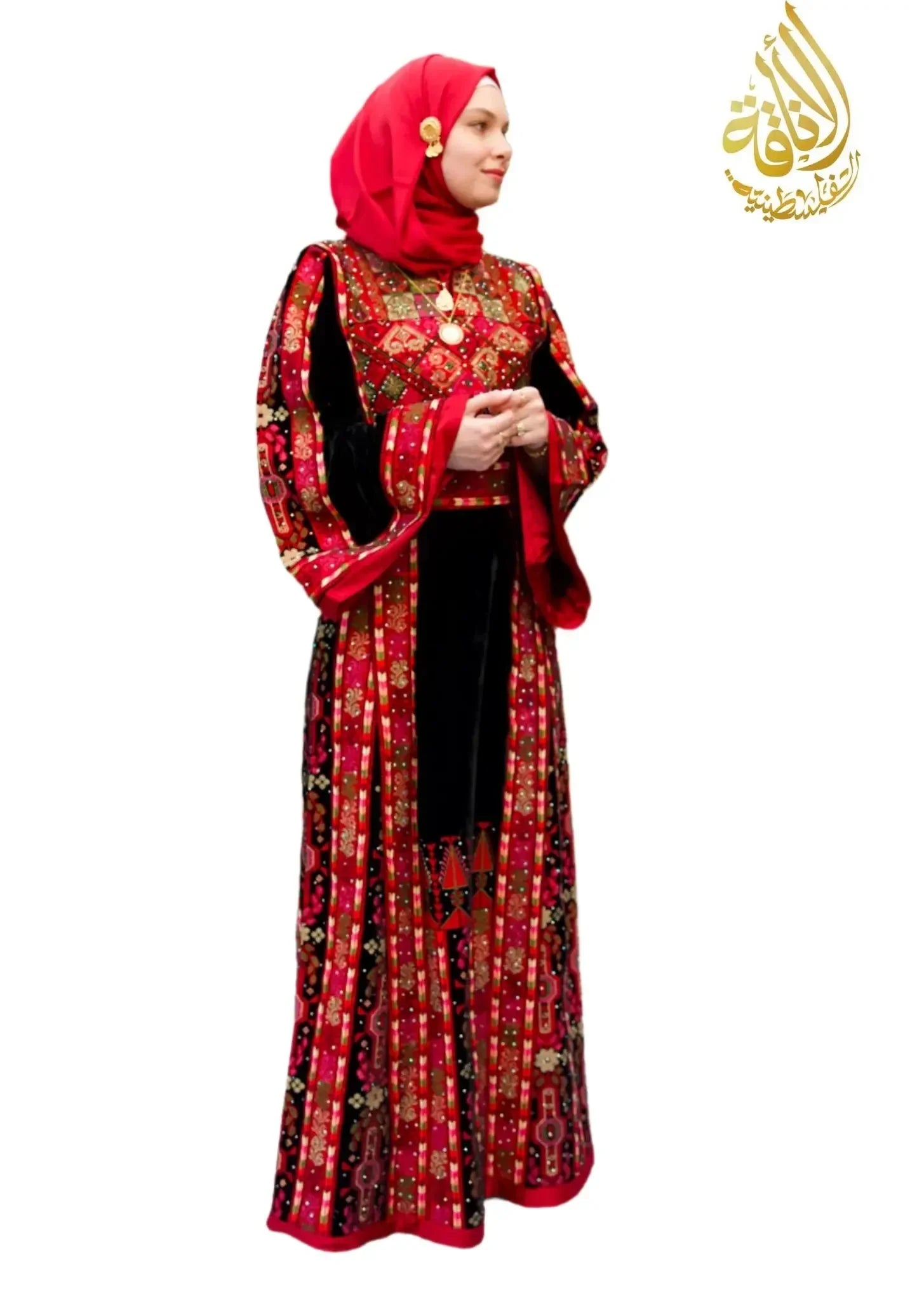 Black Embroidered Velvet Thoub with Matching Belt Palestinian Elegance