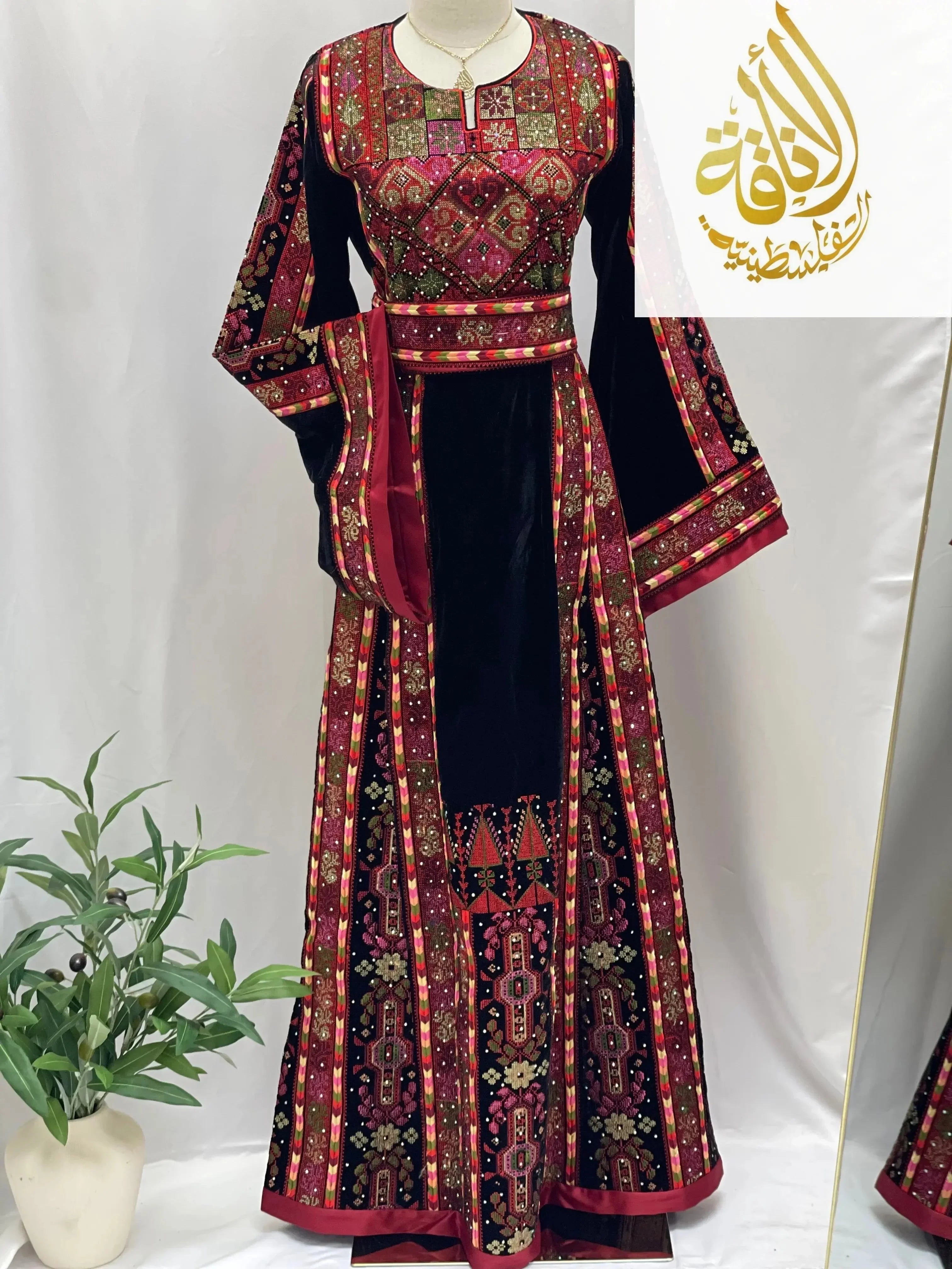 Black Embroidered Velvet Thoub with Matching Belt Palestinian Elegance