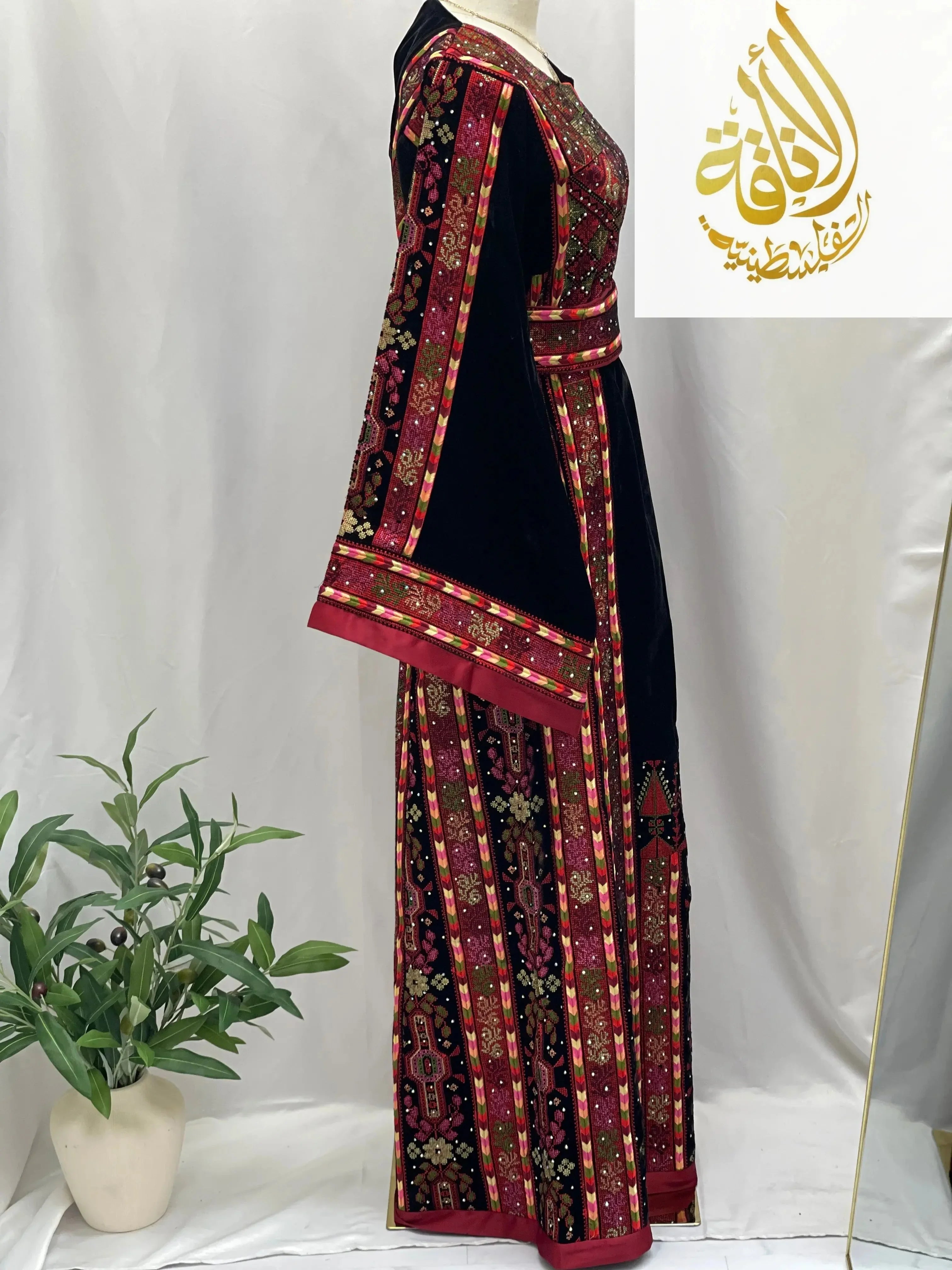 Black Embroidered Velvet Thoub with Matching Belt Palestinian Elegance