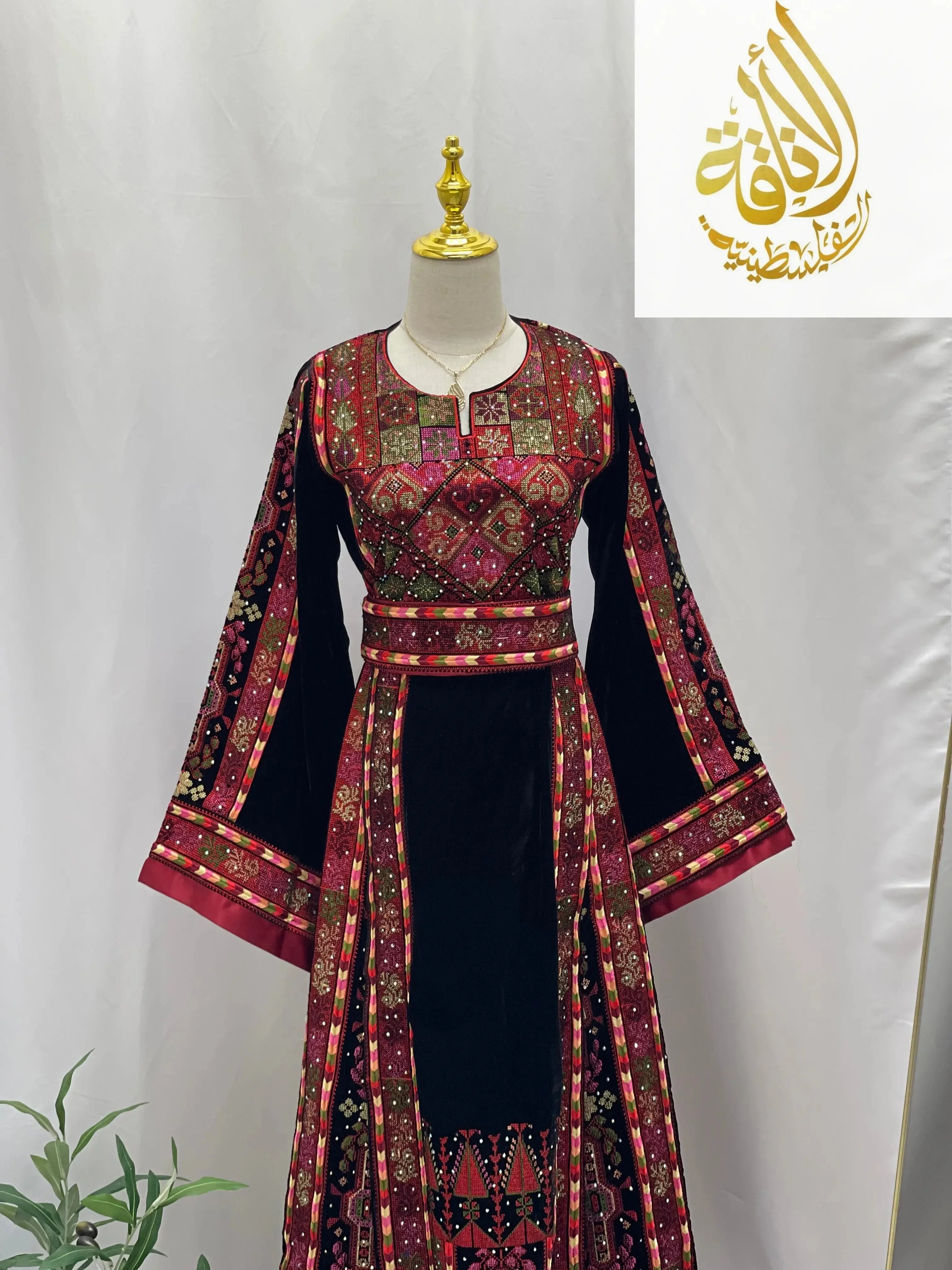 Black Embroidered Velvet Thoub with Matching Belt Palestinian Elegance