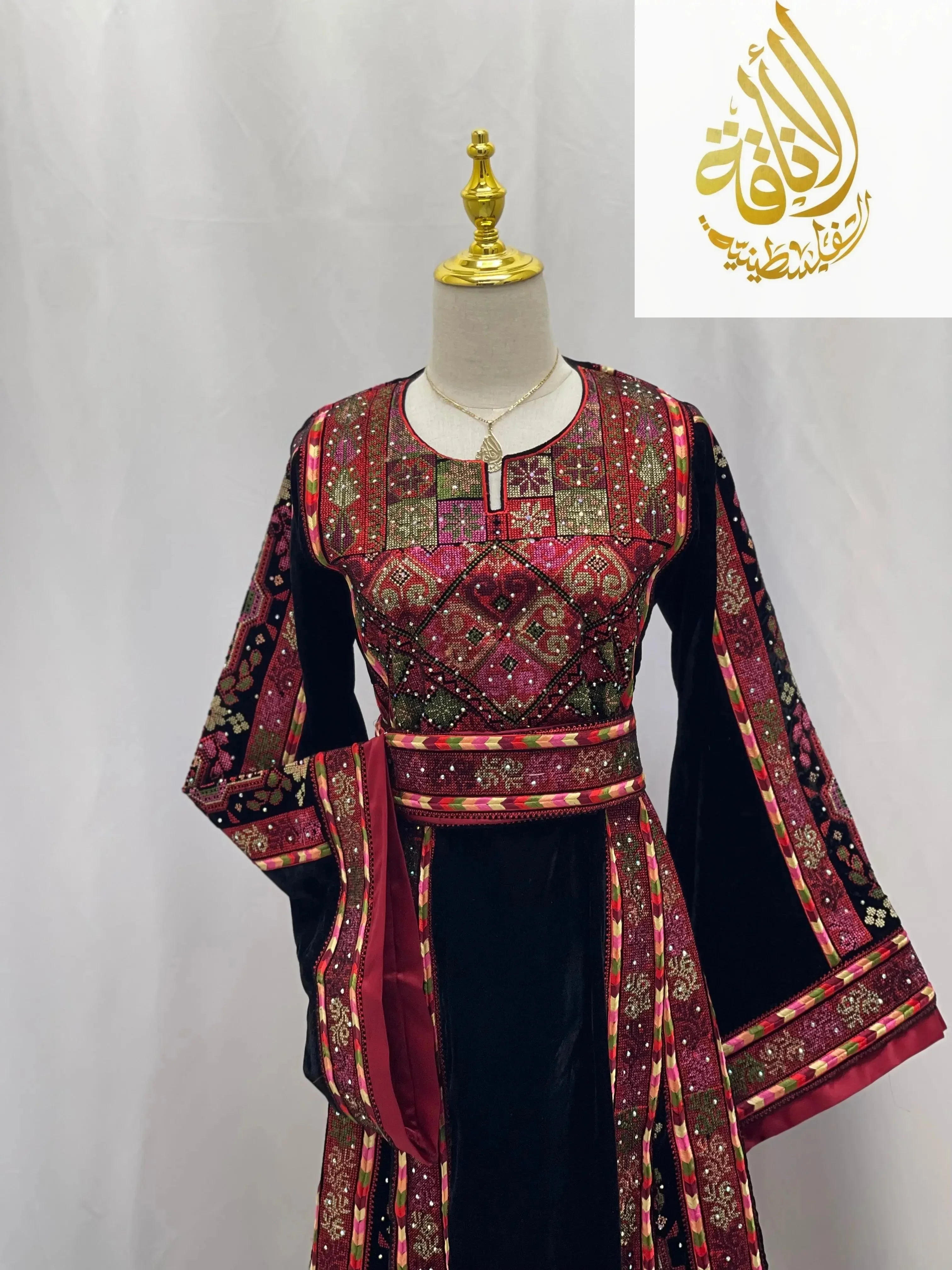 Black Embroidered Velvet Thoub with Matching Belt Palestinian Elegance