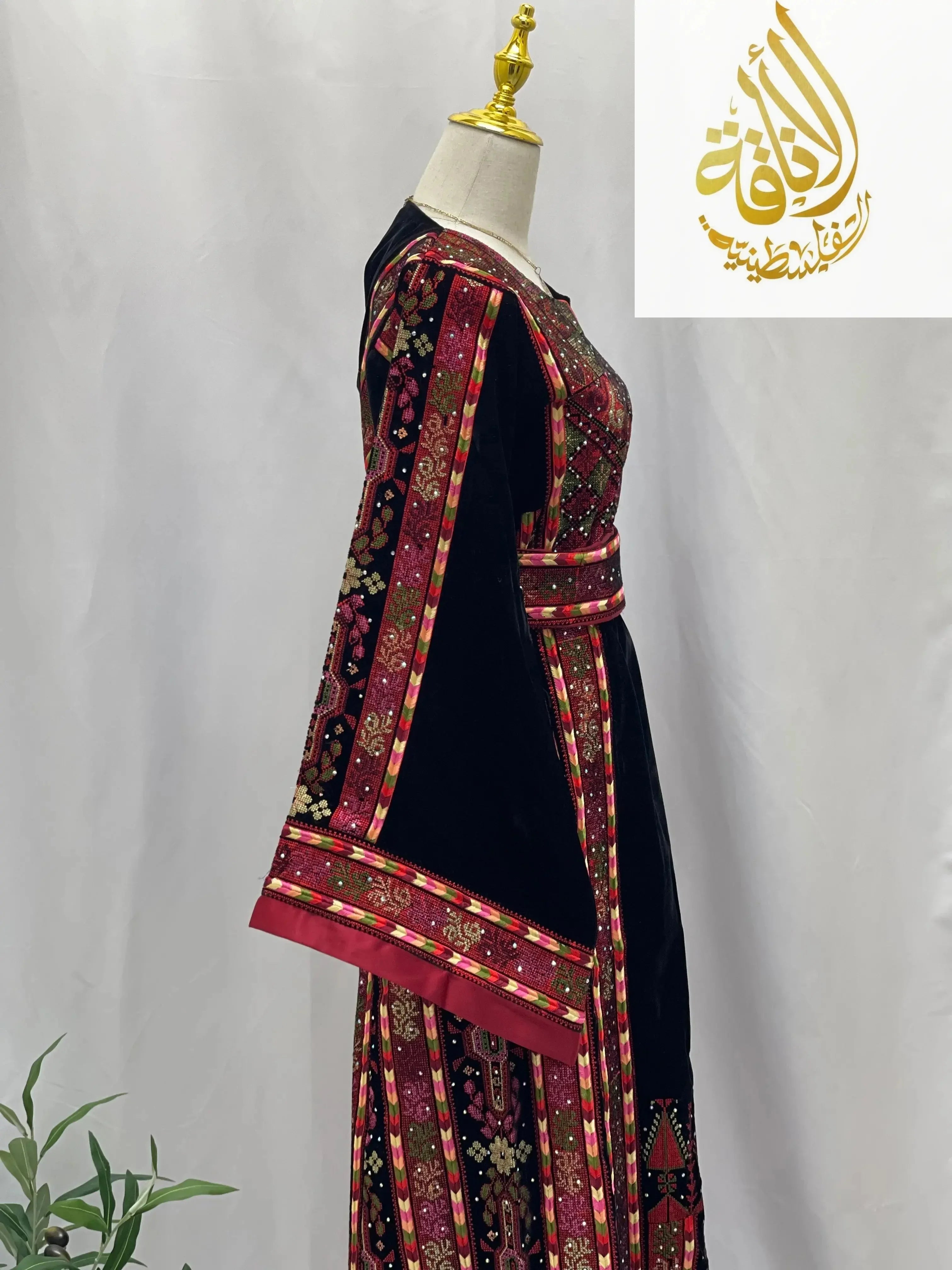 Black Embroidered Velvet Thoub with Matching Belt Palestinian Elegance