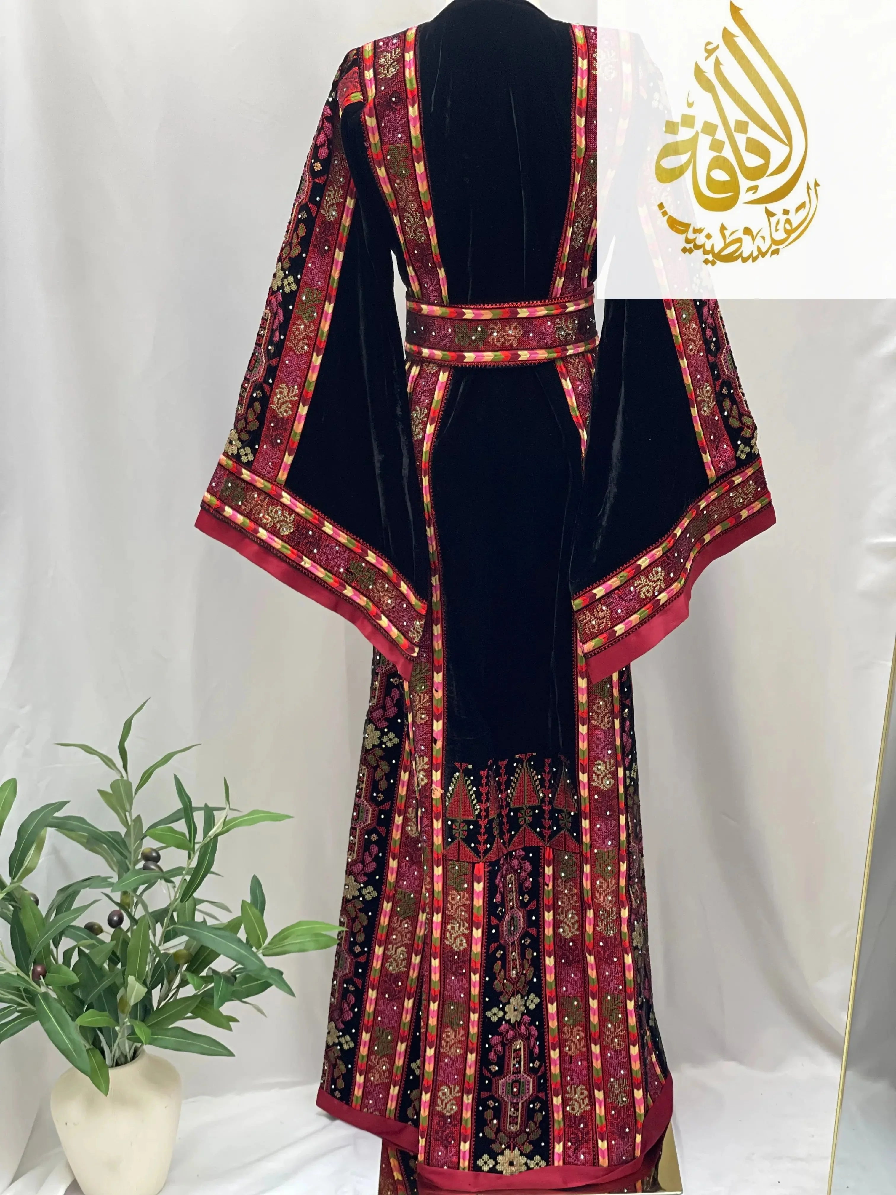 Black Embroidered Velvet Thoub with Matching Belt Palestinian Elegance