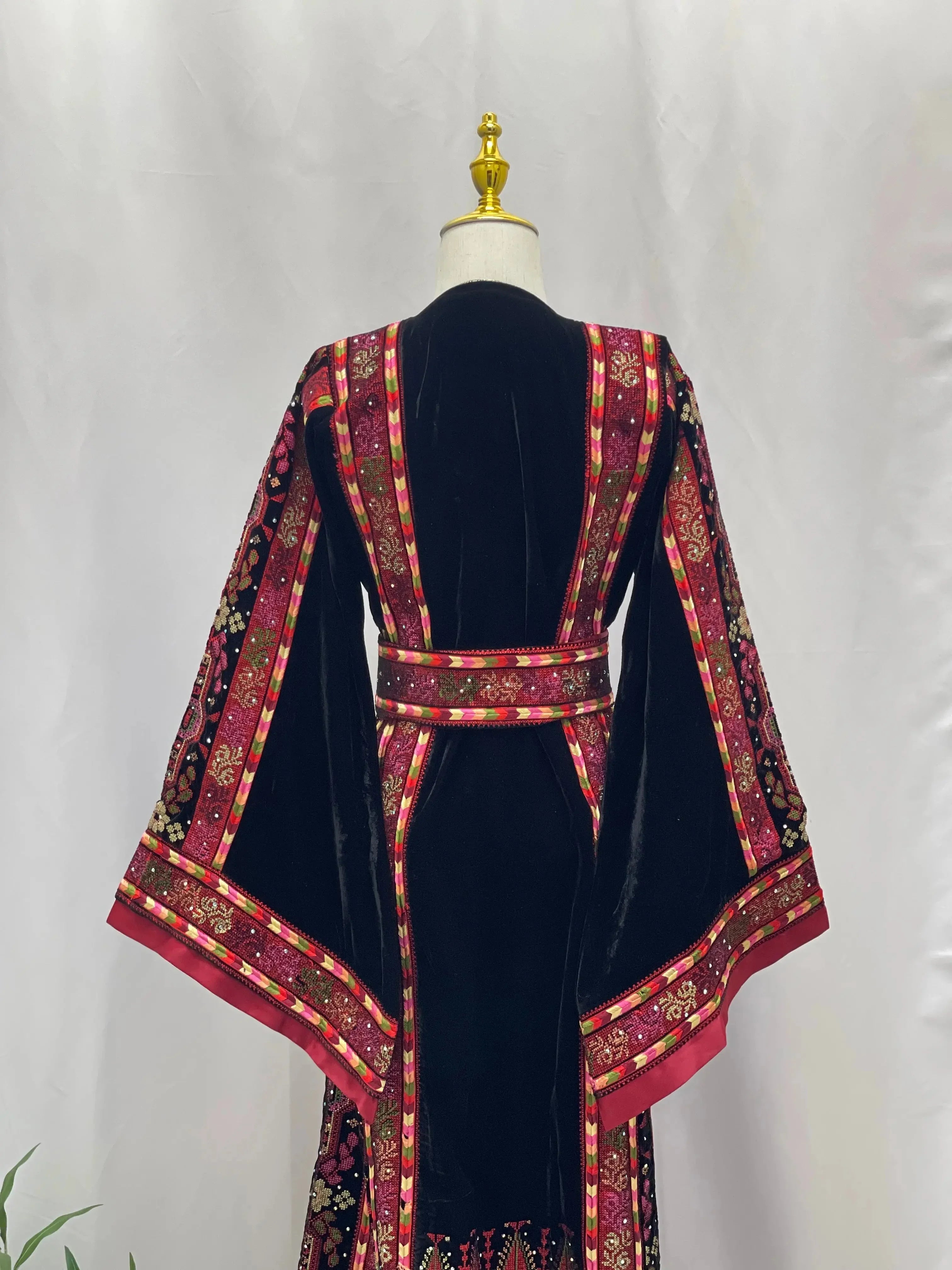 Black Embroidered Velvet Thoub with Matching Belt Palestinian Elegance