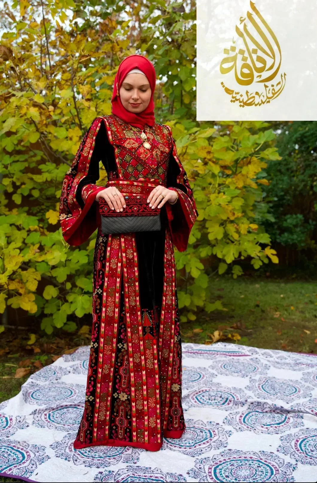 Black Embroidered Velvet Thoub with Matching Belt Palestinian Elegance