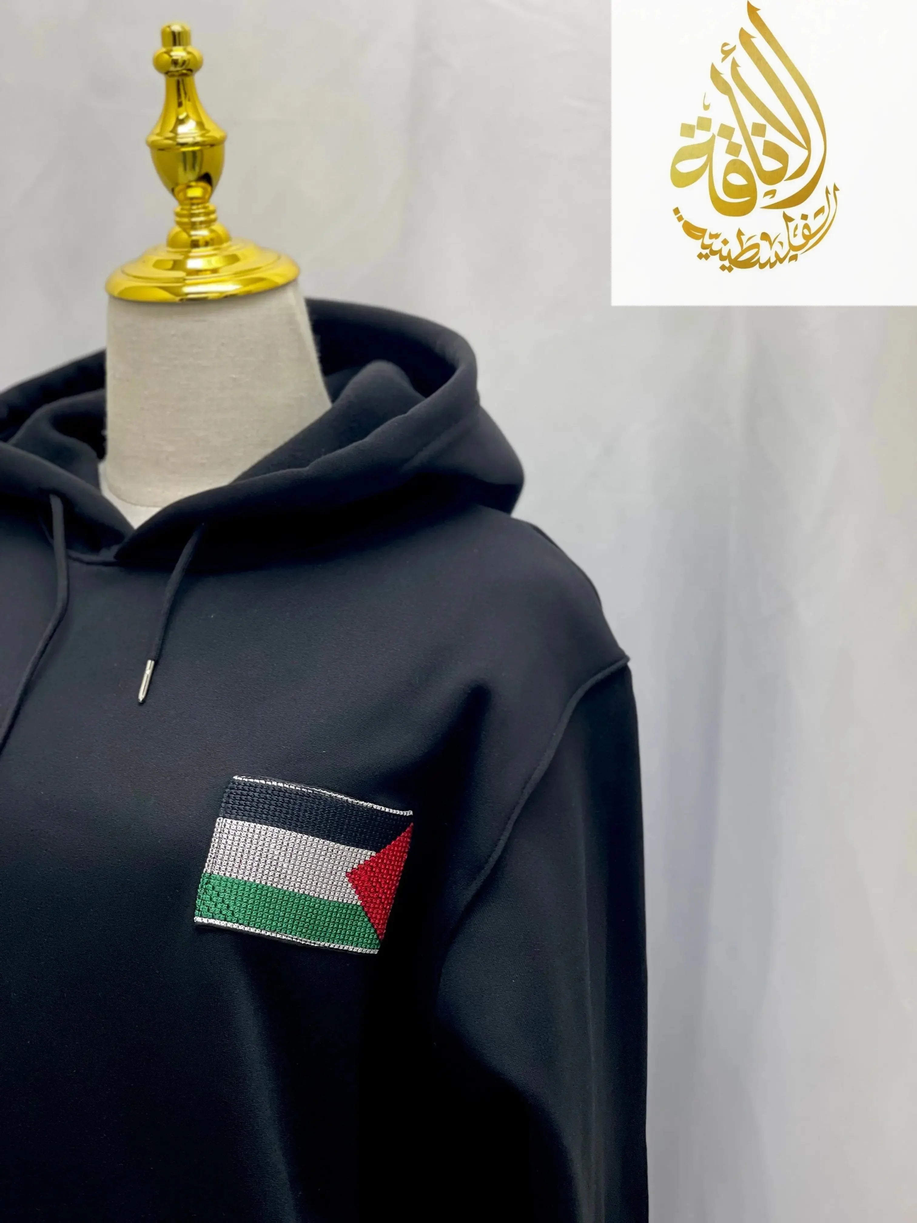 Black Hoodie with Embroidered Palestinian Flag Design Palestinian Elegance