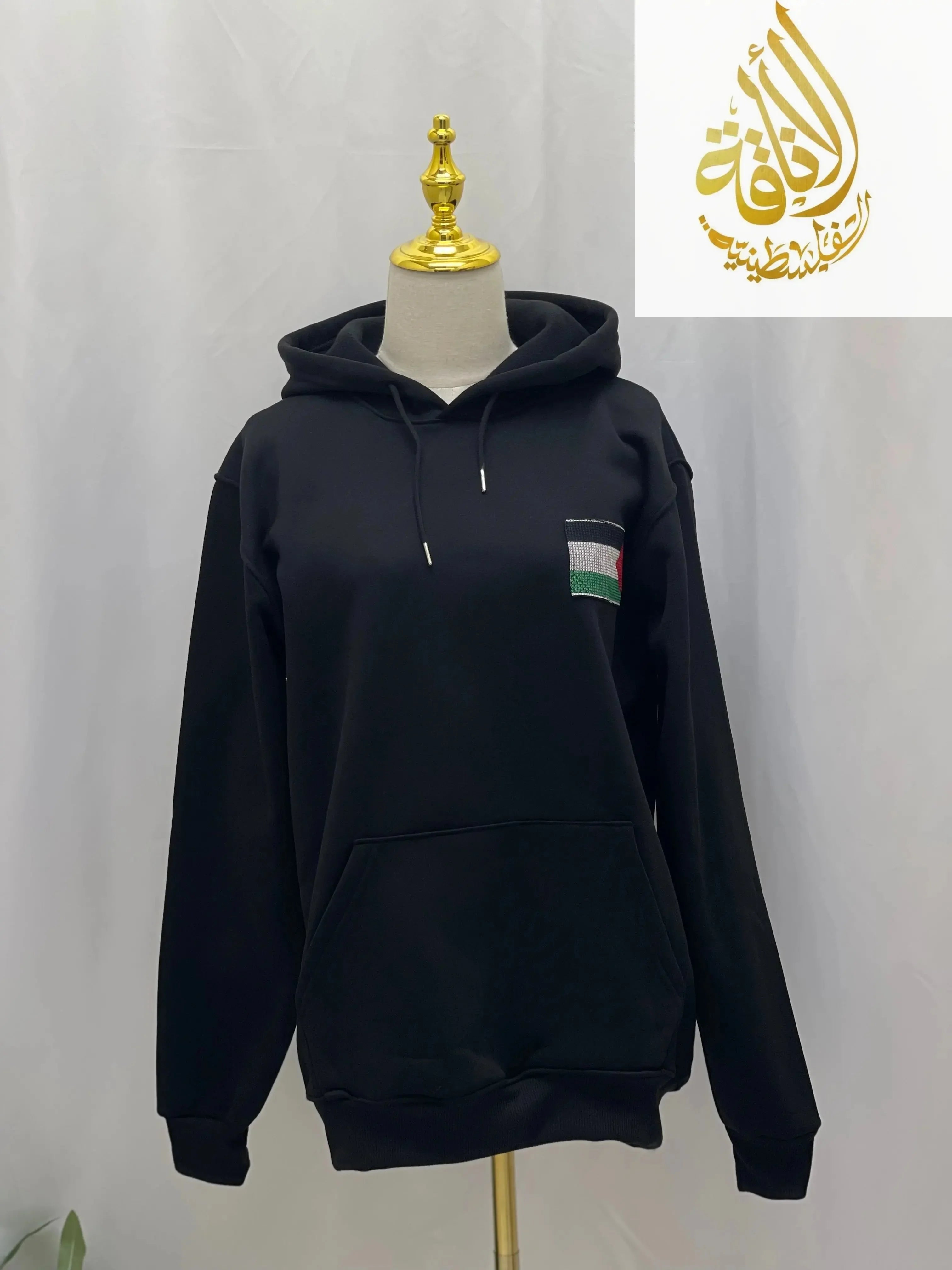 Black Hoodie with Embroidered Palestinian Flag Design Palestinian Elegance