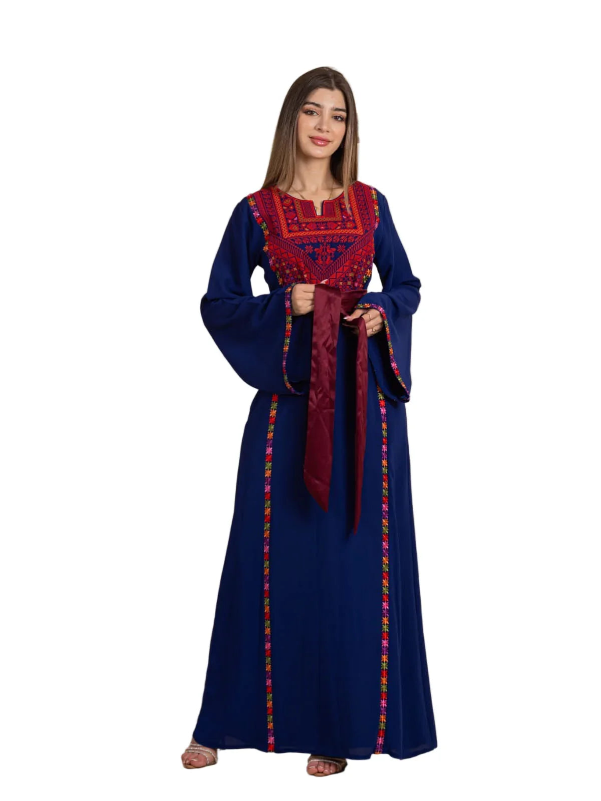 Blossom Embroidered Thobe by Palestinian Elegance navy blue thobe with red chest embroidery sash and colorful trim