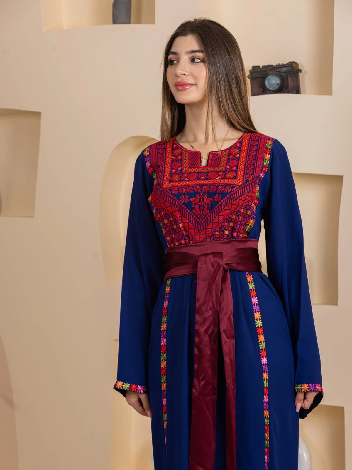 Blossom Embroidered Thobe navy blue Palestinian Elegance thobe with red embroidered chest panel and maroon sash