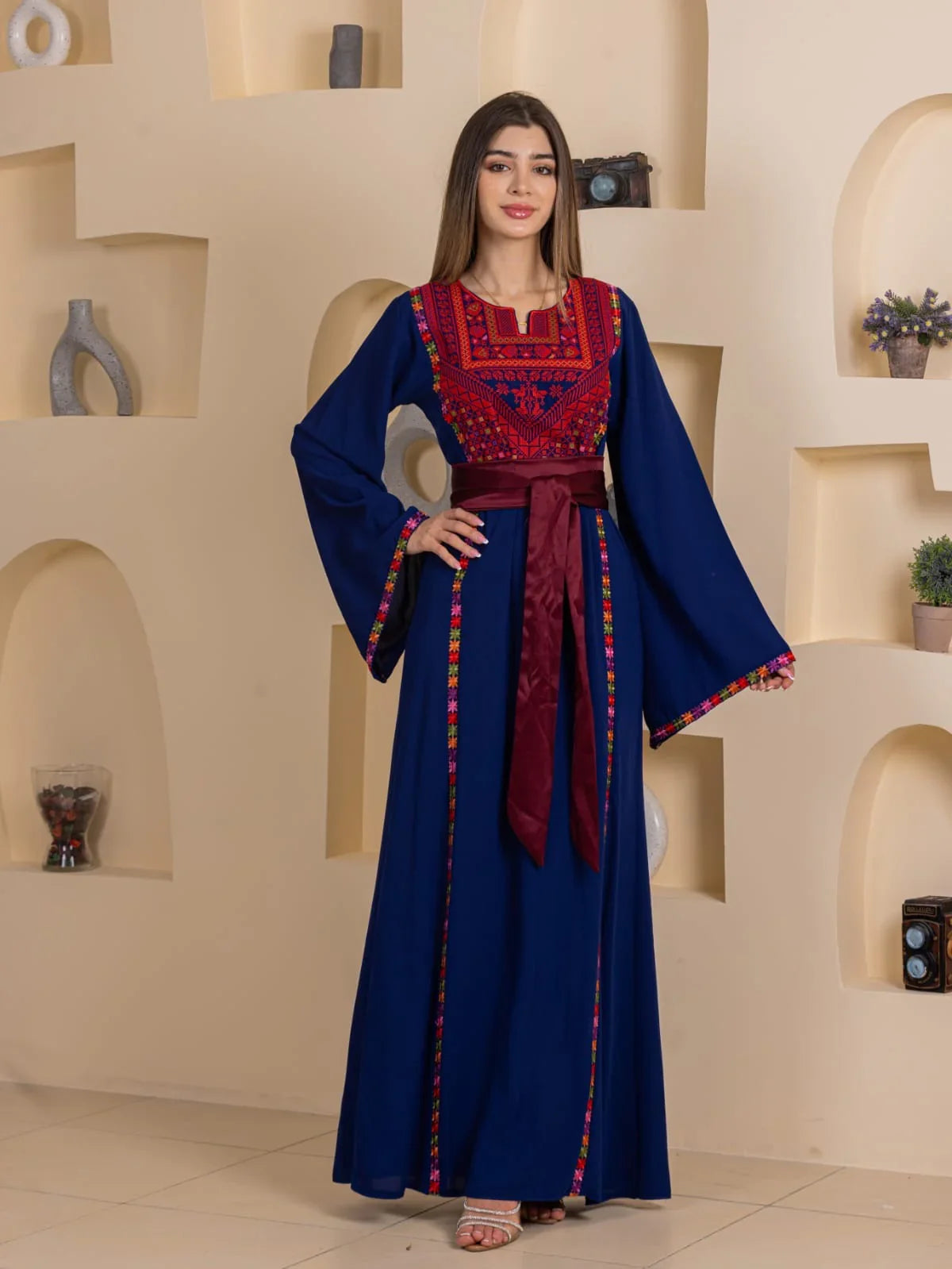 Blossom Embroidered Thobe navy blue floor length Palestinian Elegance dress with red chest embroidery and maroon sash