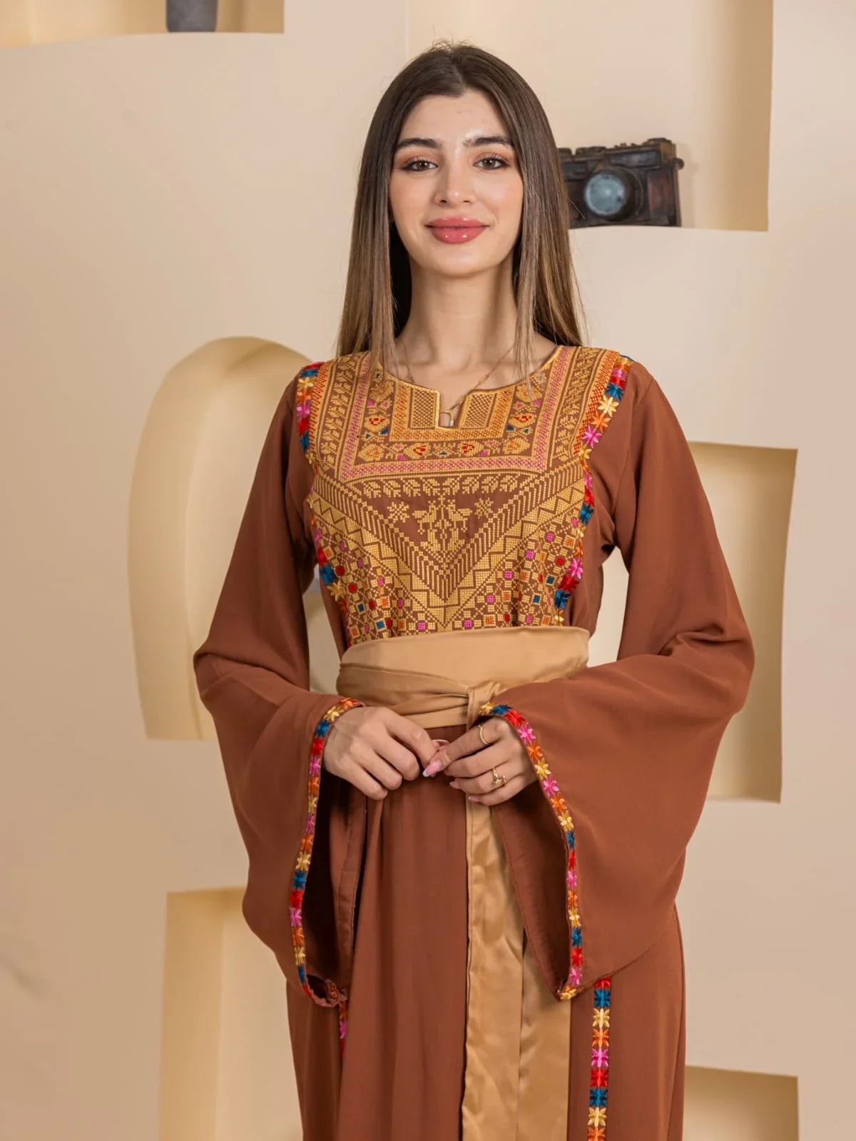 Blossom Embroidered Thobe brown traditional Palestinian dress with gold chest embroidery and colorful trim