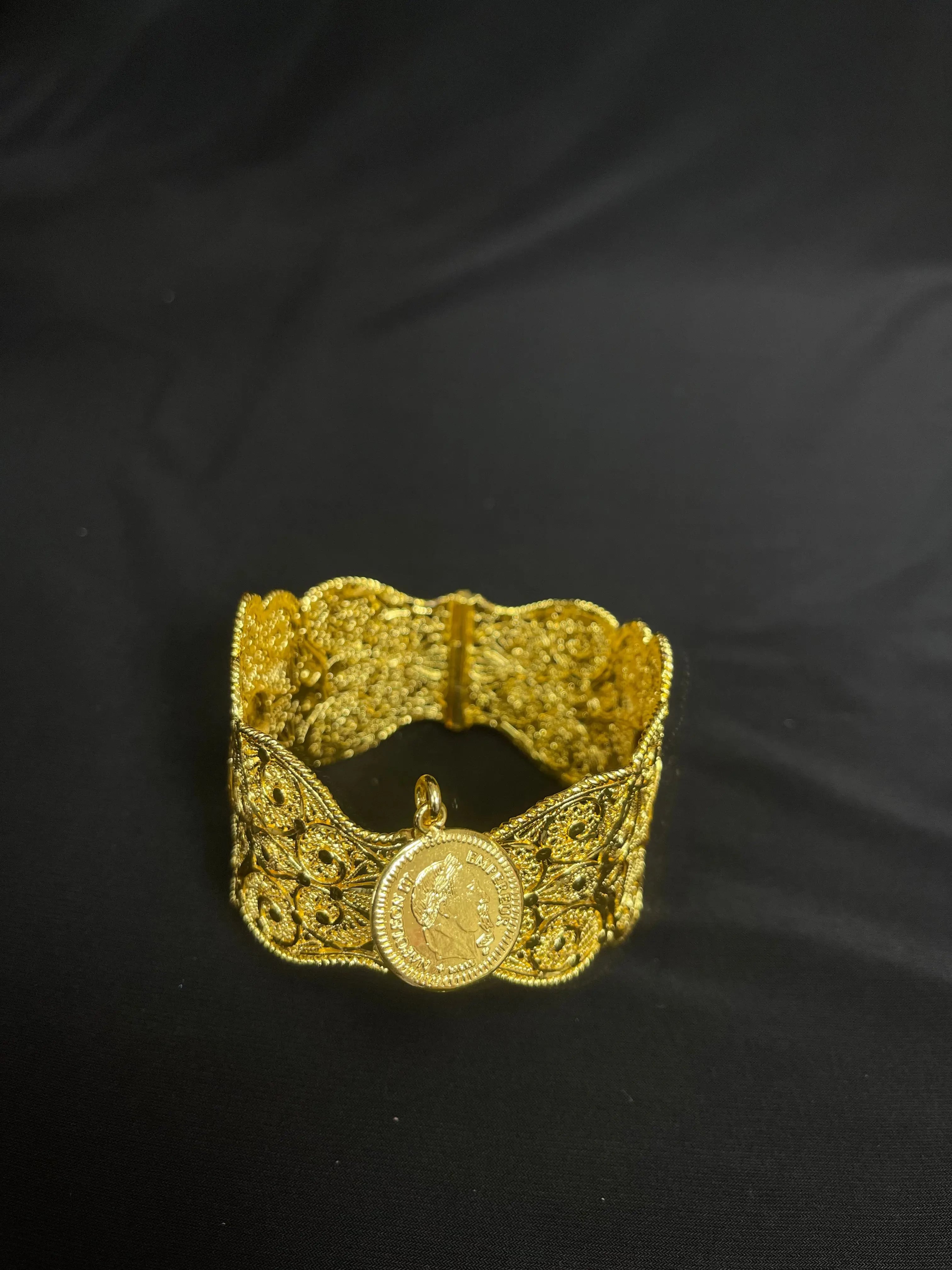 Bold Lera Imitated Gold Cuff Bracelet with intricate filigree design and coin charm by Palestinian Elegance