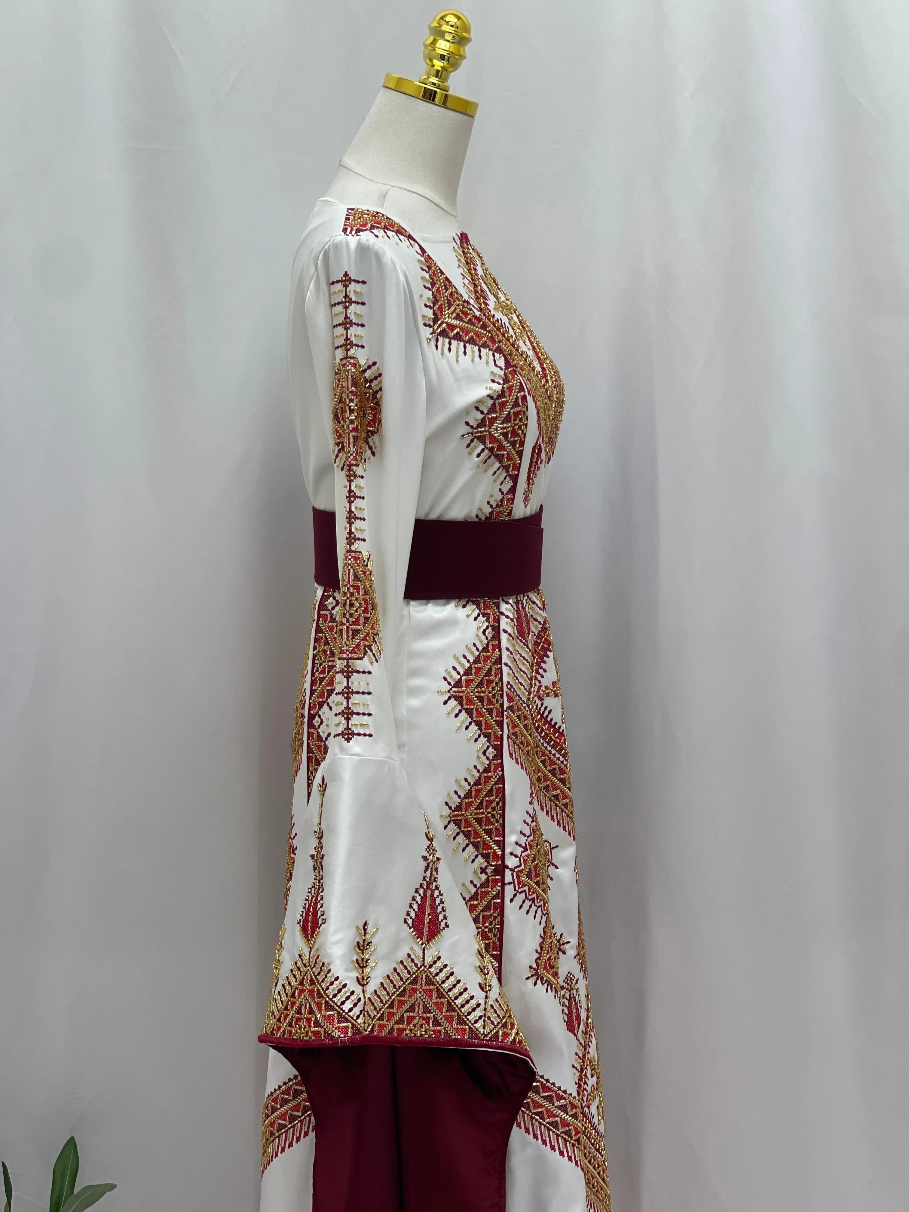 Orient Modren Embroidered Dress white Palestinian thobe with red gold geometric embroidery and maroon belt