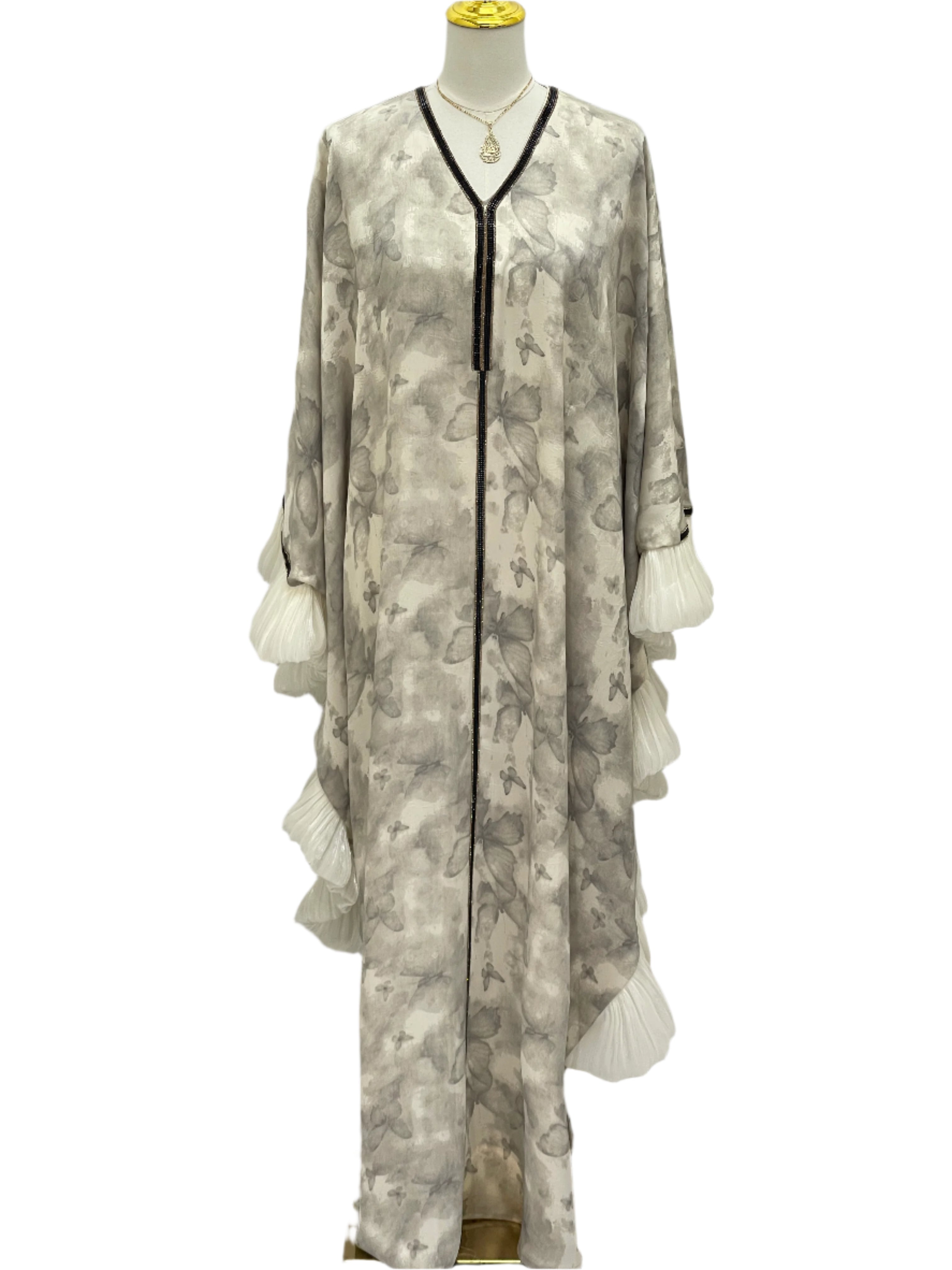 Palestinian Elegance butterfly abaya free size with soft gray floral pattern and pleated sleeve details