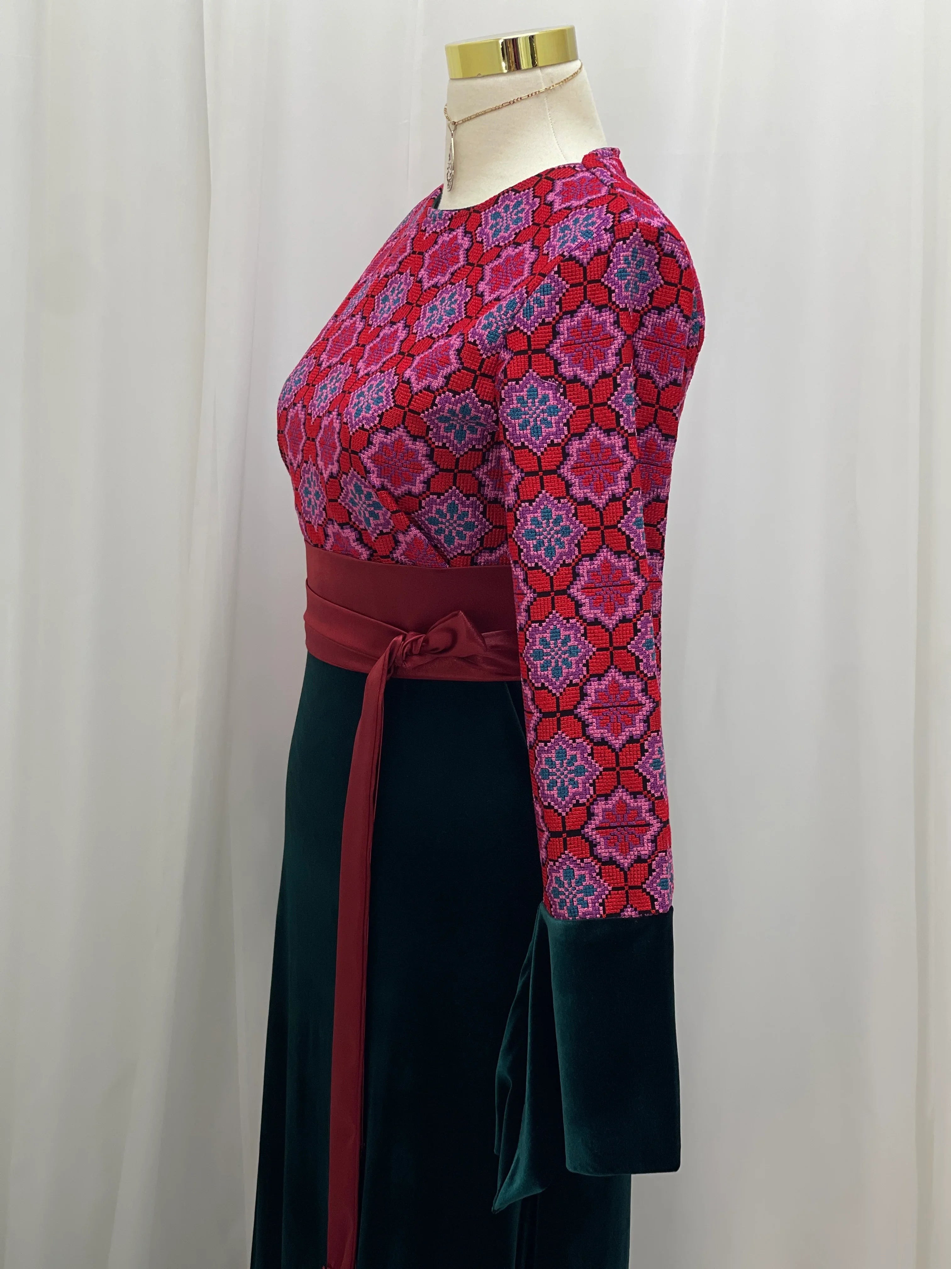 Embroidered Velvet Maxi Dress with Satin Belt