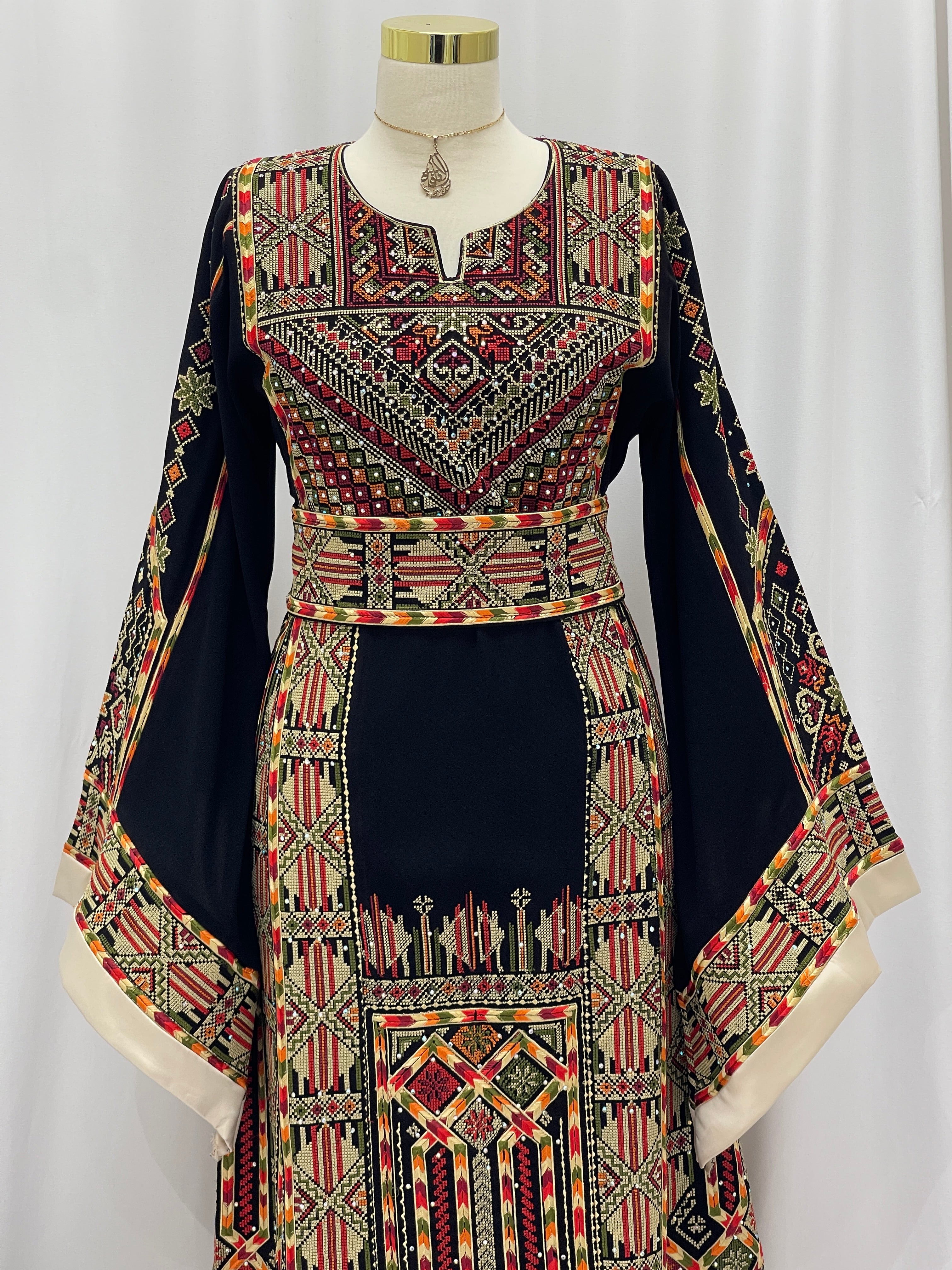 Luxury Black Palestinian Embroidered Thoub with Two Belts – Timeless Elegance with Heritage Touch