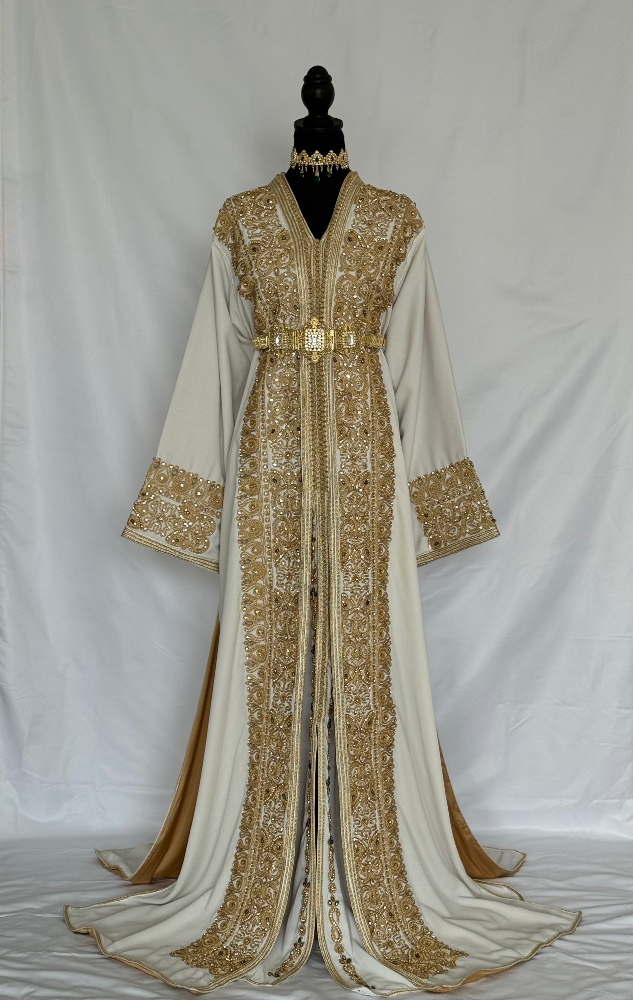 Handmade Silk Crepe Moroccan Kaftan: Gold Thread Embroidery, Belted Takchita