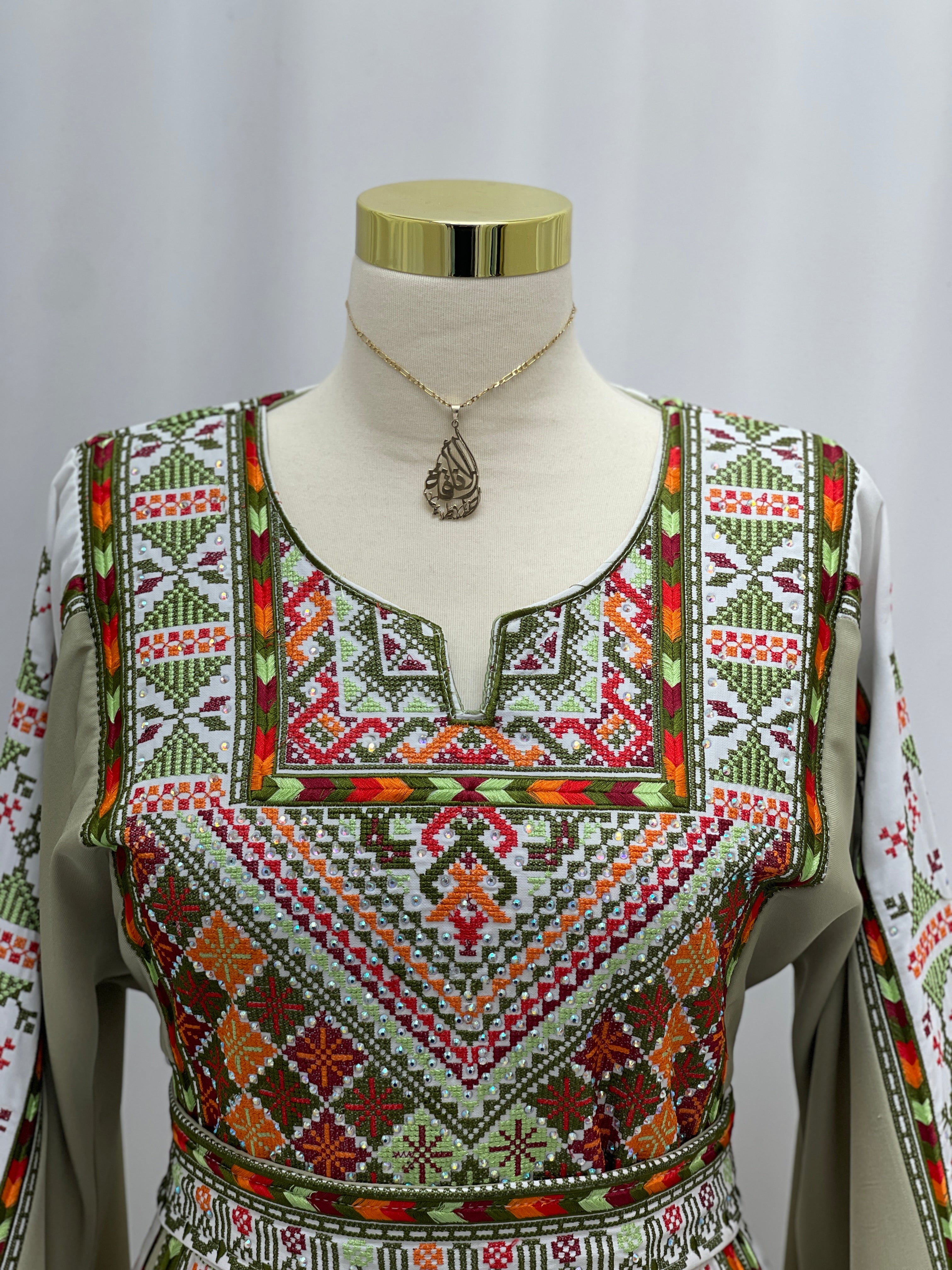 Olive Heritage Embroidered Thobe | Classic Modest Embroidery