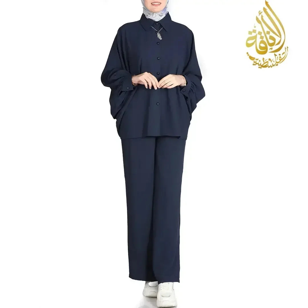 Palestinian Elegance casual navy outfit with loose top and pants chic summer outfit for women