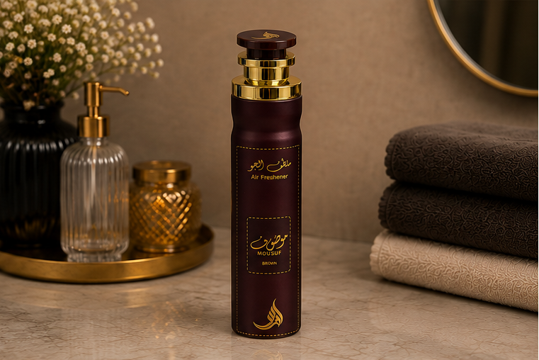 Mousuf Brown Luxury Air Freshener Spray – Long-Lasting Arabian Home Fragrance