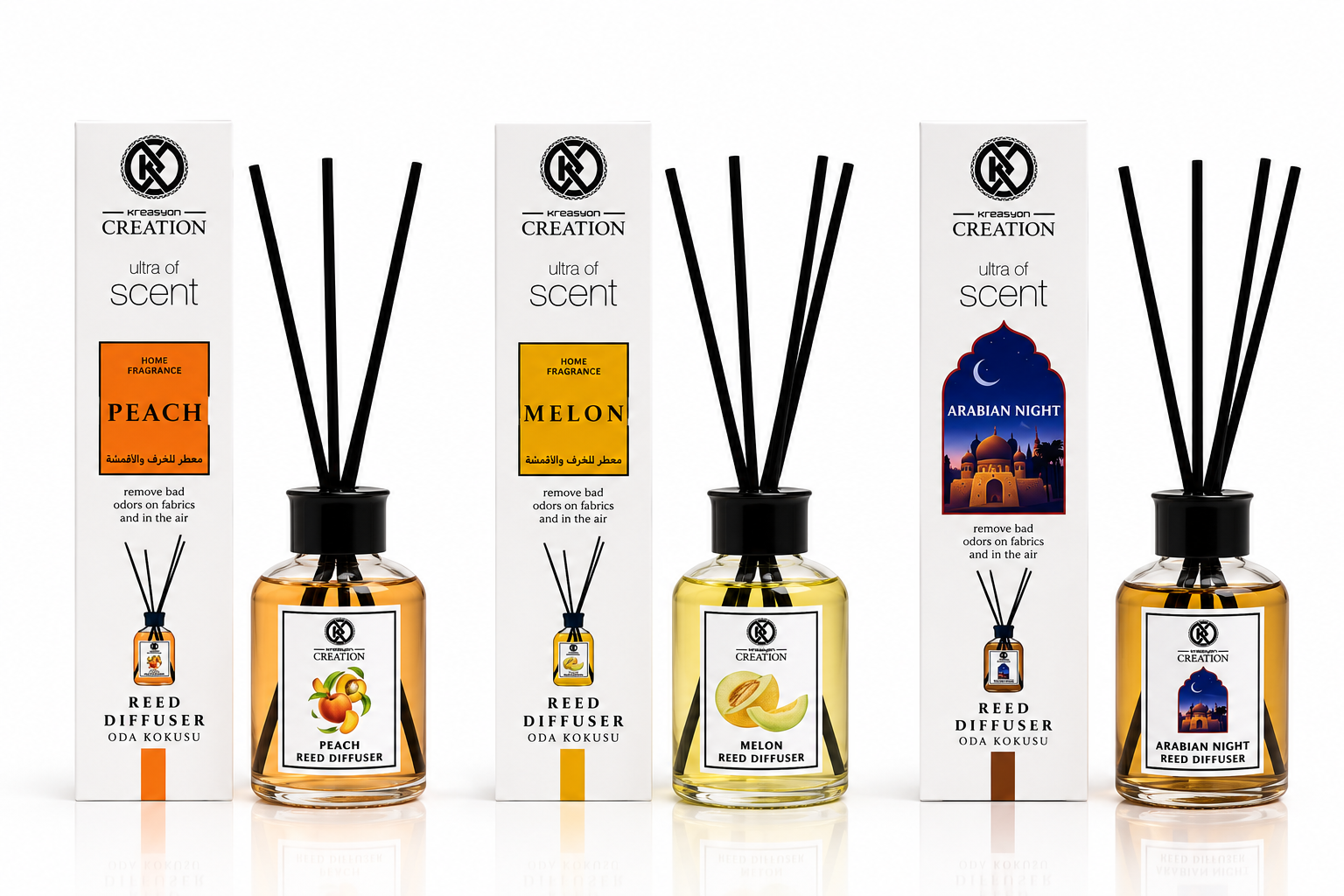 Luxury Reed Diffuser Collection 100ml | Peach, Melon & Arabian Night Home Fragrance
