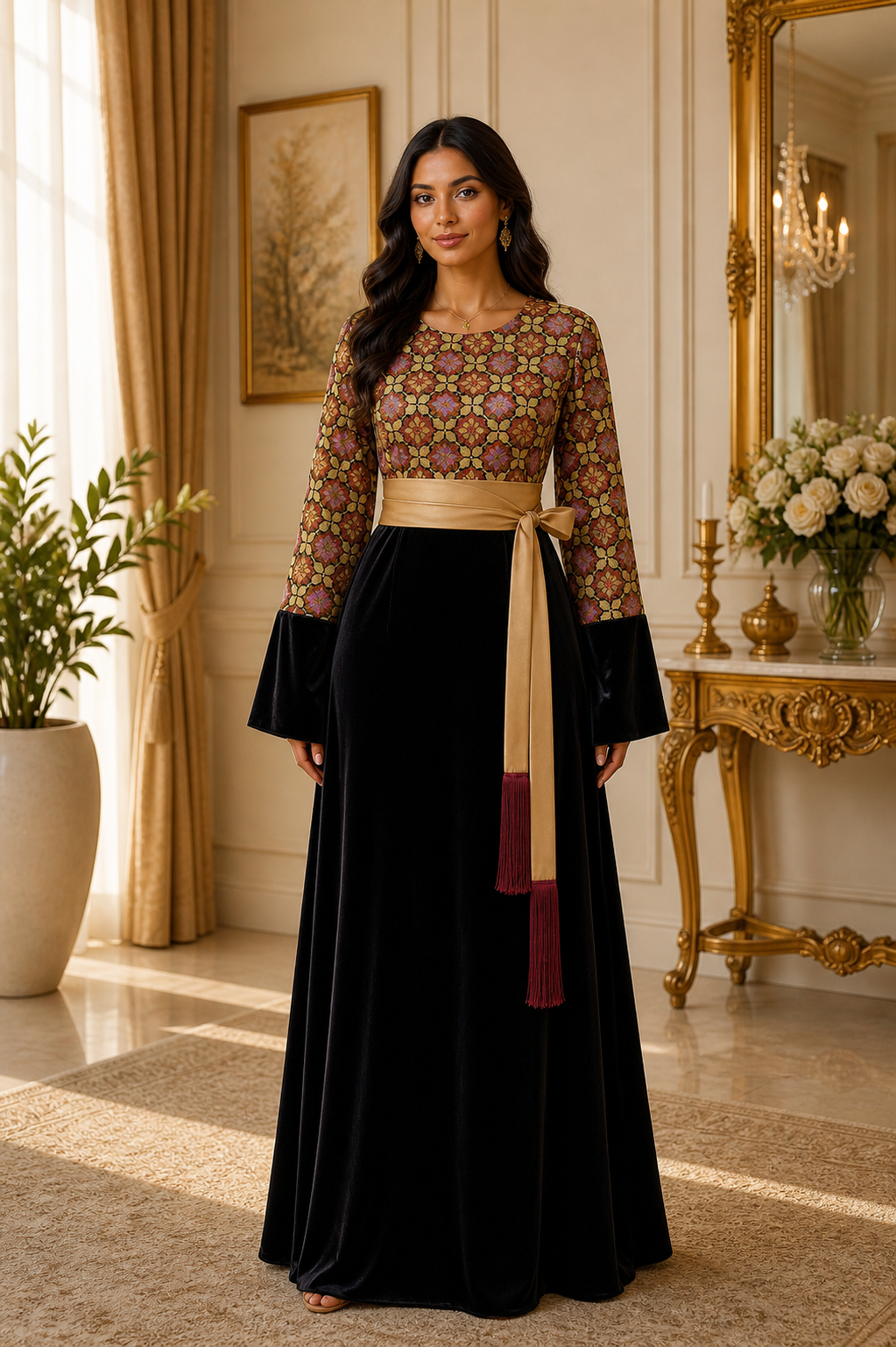 Embroidered Velvet Maxi Dress with Satin Belt