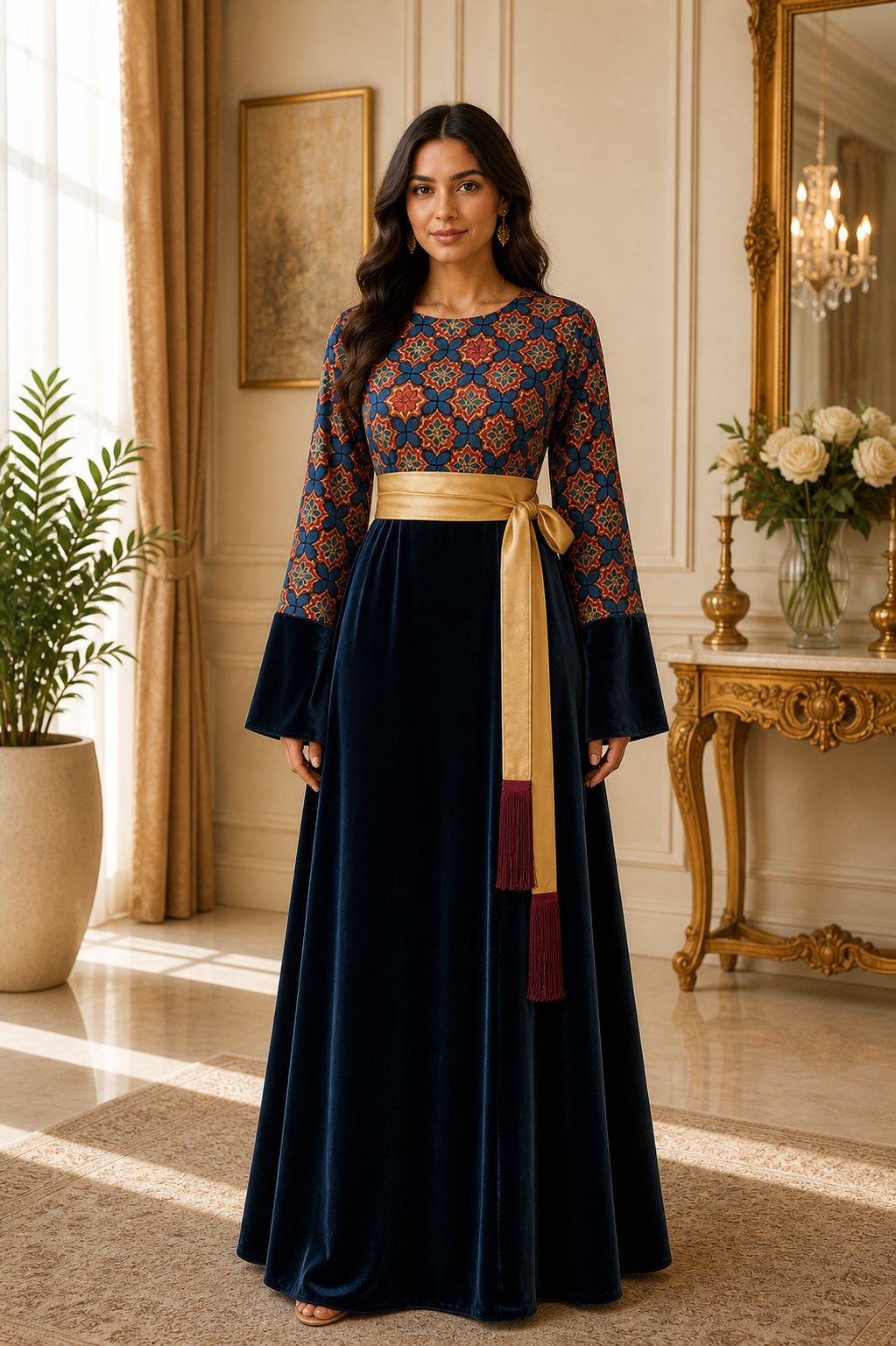 Embroidered Velvet Maxi Dress with Satin Belt