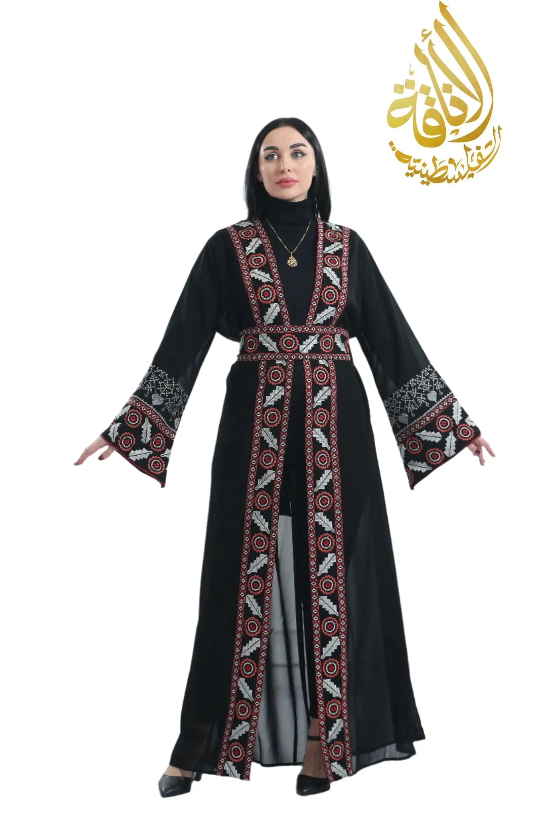 Chiffon Bisht with Luxurious Reed Gold Embroidery: Elegance & Sophistication Palestinian Elegance
