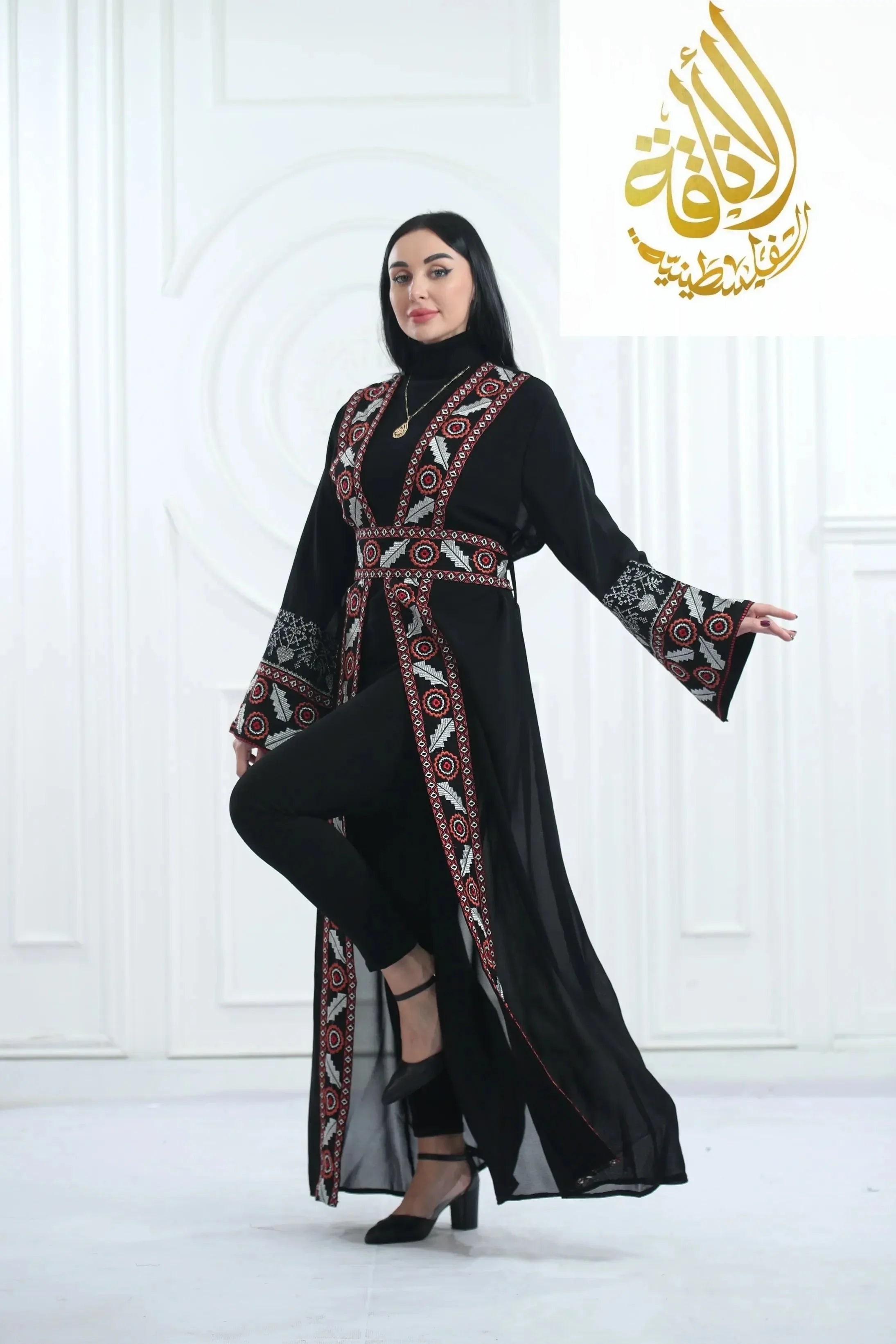 Chiffon Bisht with Luxurious Reed Gold Embroidery: Elegance & Sophistication Palestinian Elegance