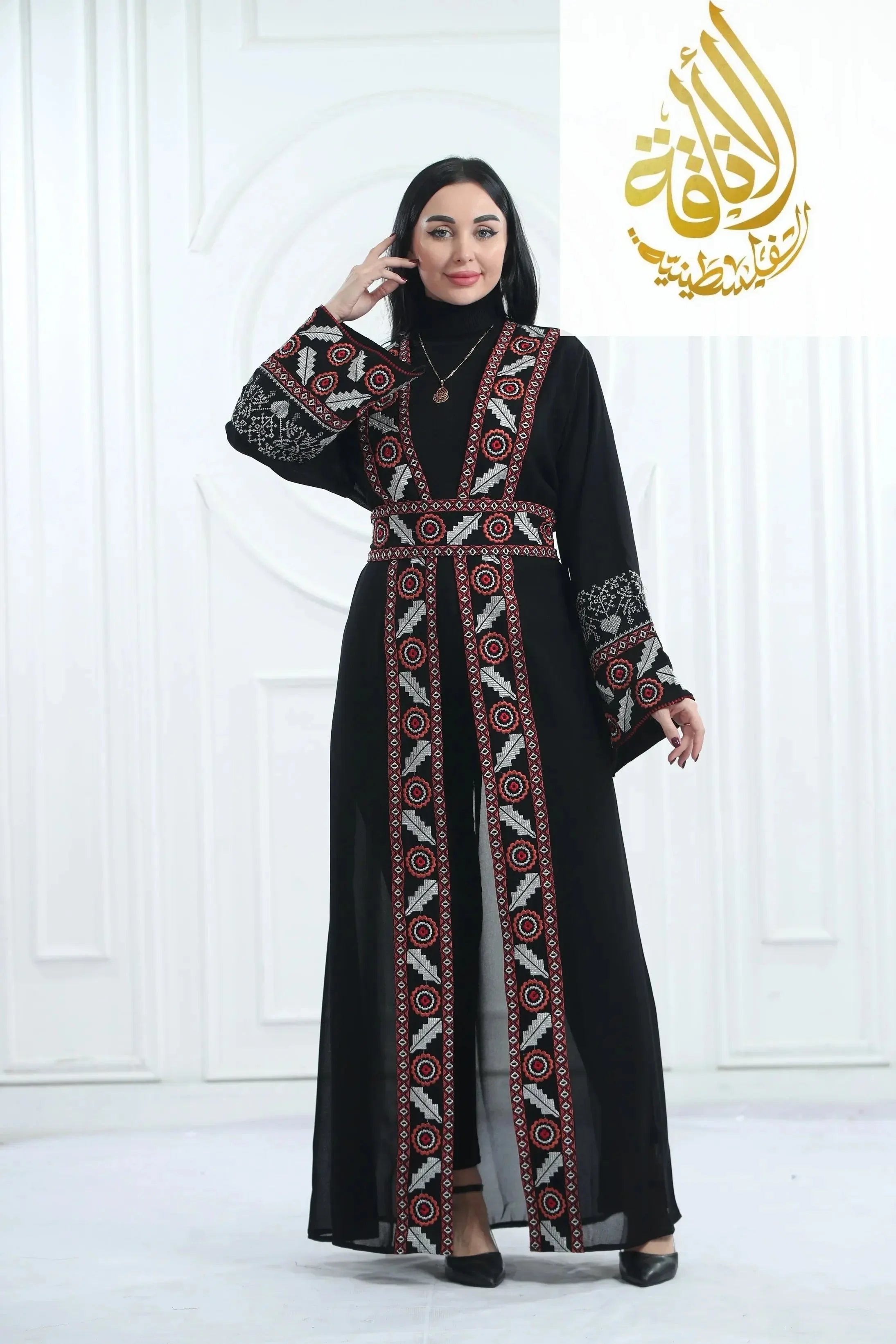 Chiffon Bisht with Luxurious Reed Gold Embroidery: Elegance & Sophistication Palestinian Elegance