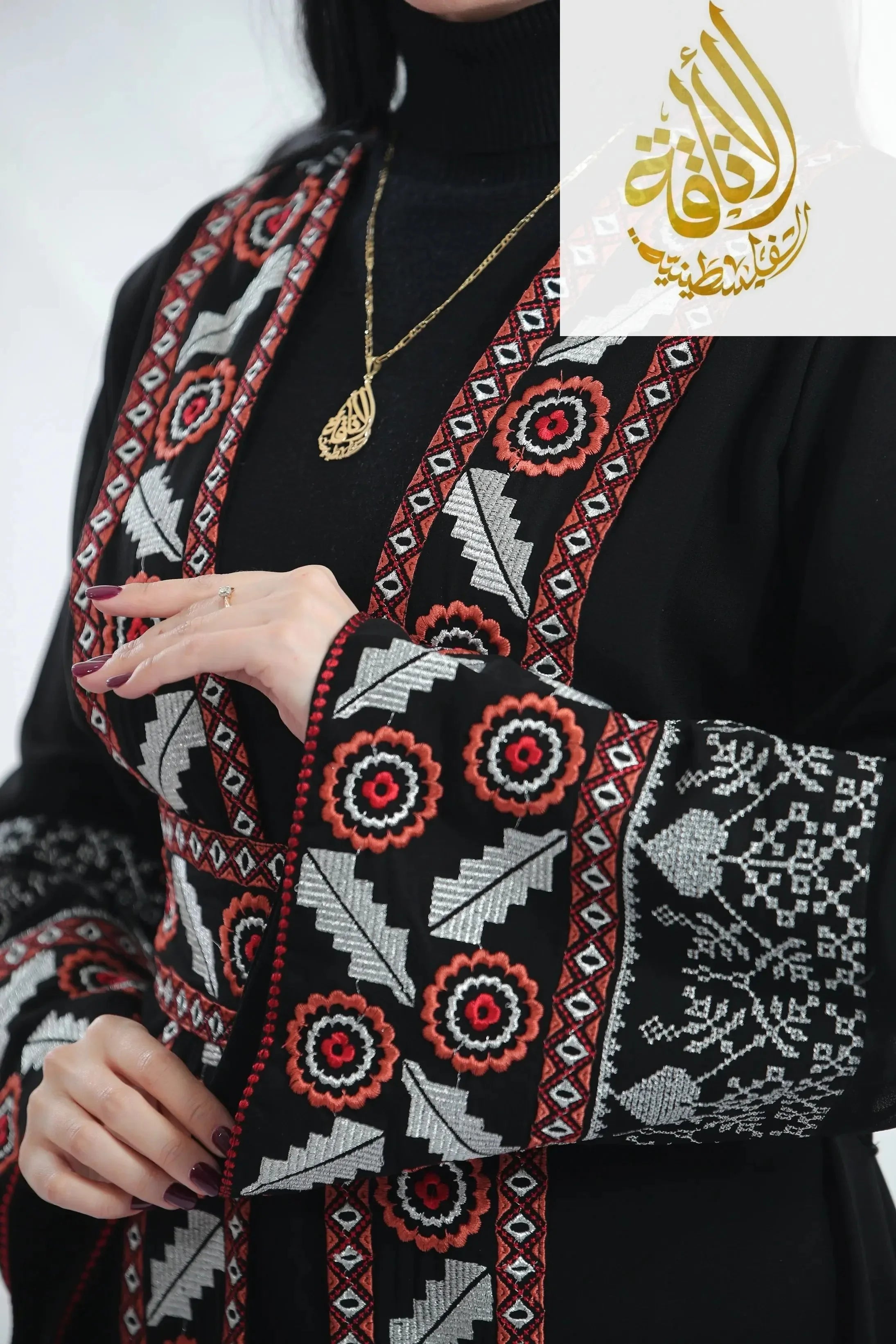 Chiffon Bisht with Luxurious Reed Gold Embroidery: Elegance & Sophistication Palestinian Elegance