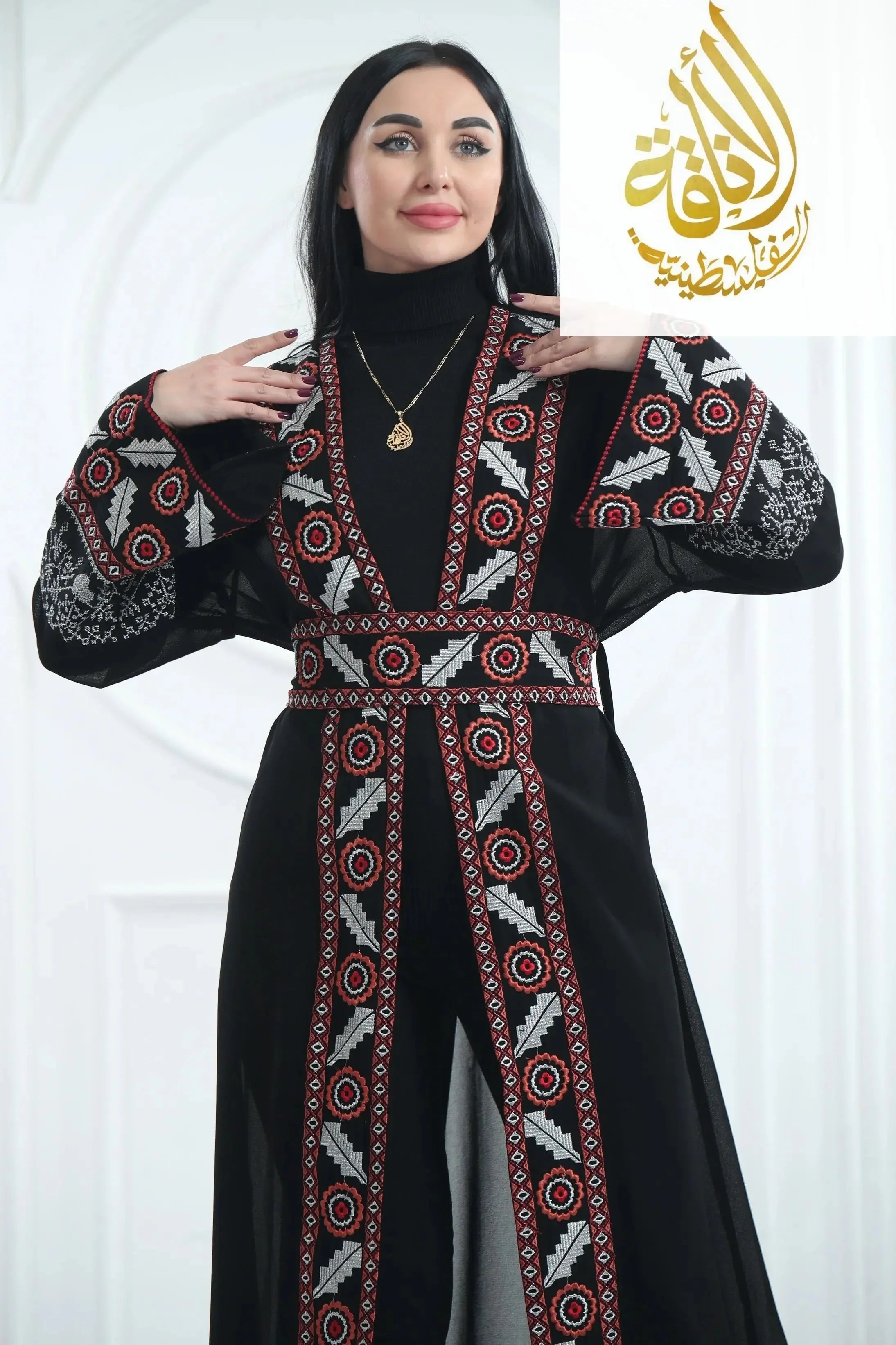 Chiffon Bisht with Luxurious Reed Gold Embroidery: Elegance & Sophistication Palestinian Elegance