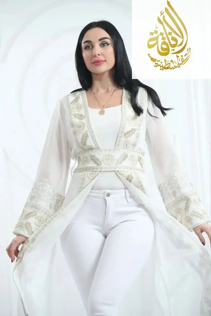 Chiffon Bisht with Luxurious Reed Gold Embroidery: Elegance & Sophistication Palestinian Elegance