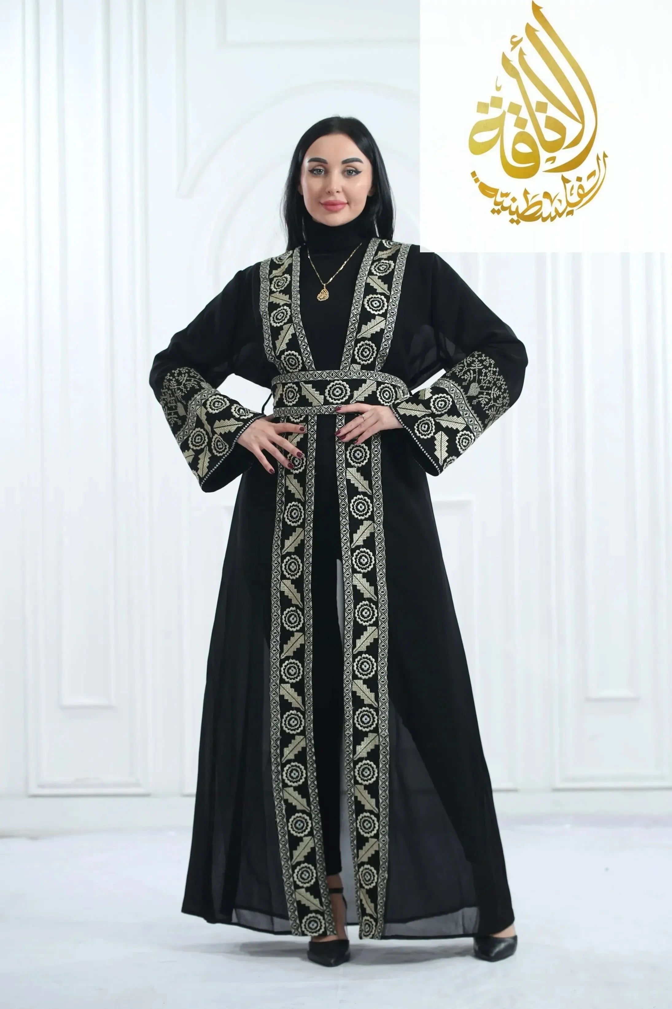 Chiffon Bisht with Luxurious Reed Gold Embroidery: Elegance & Sophistication Palestinian Elegance