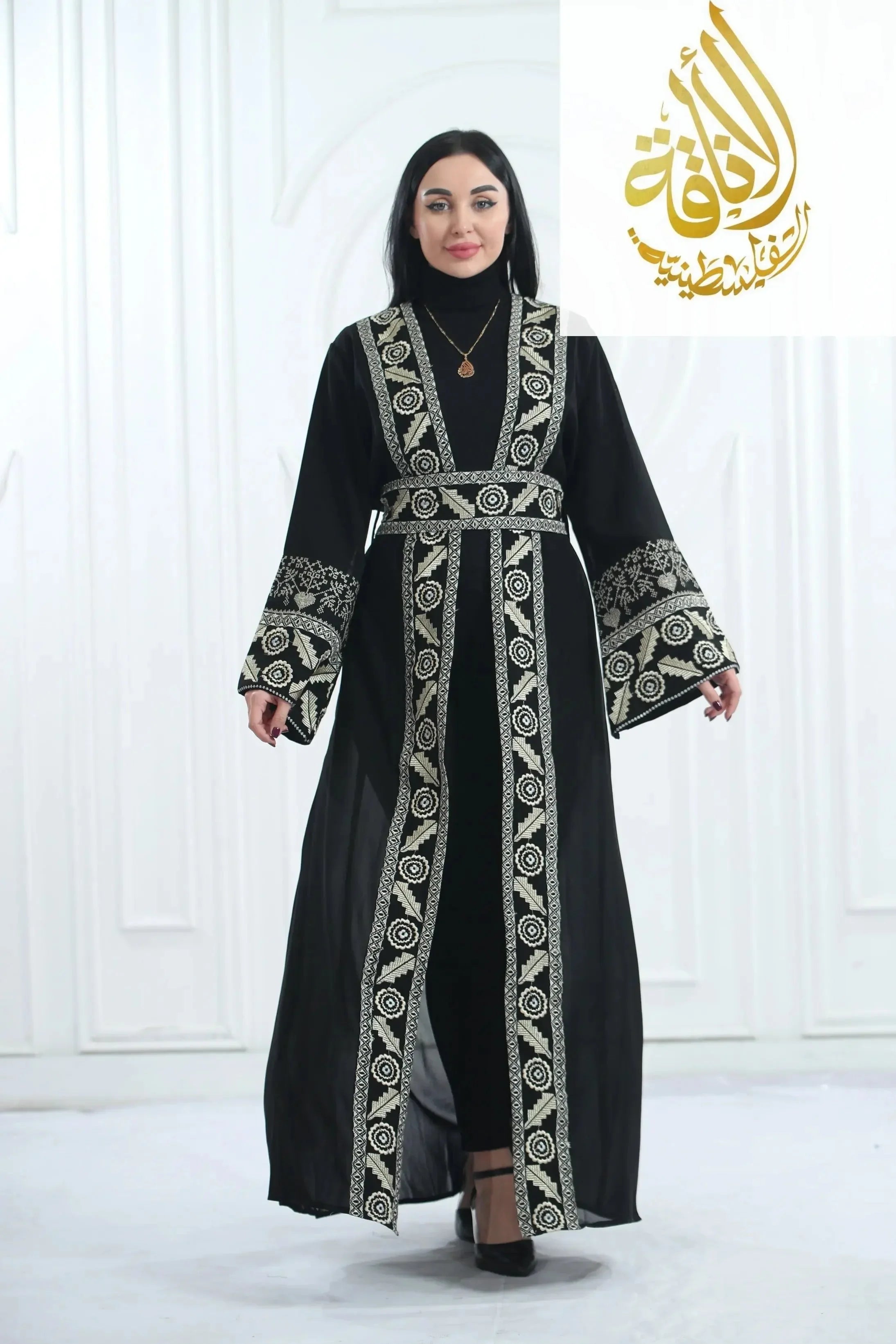 Chiffon Bisht with Luxurious Reed Gold Embroidery: Elegance & Sophistication Palestinian Elegance