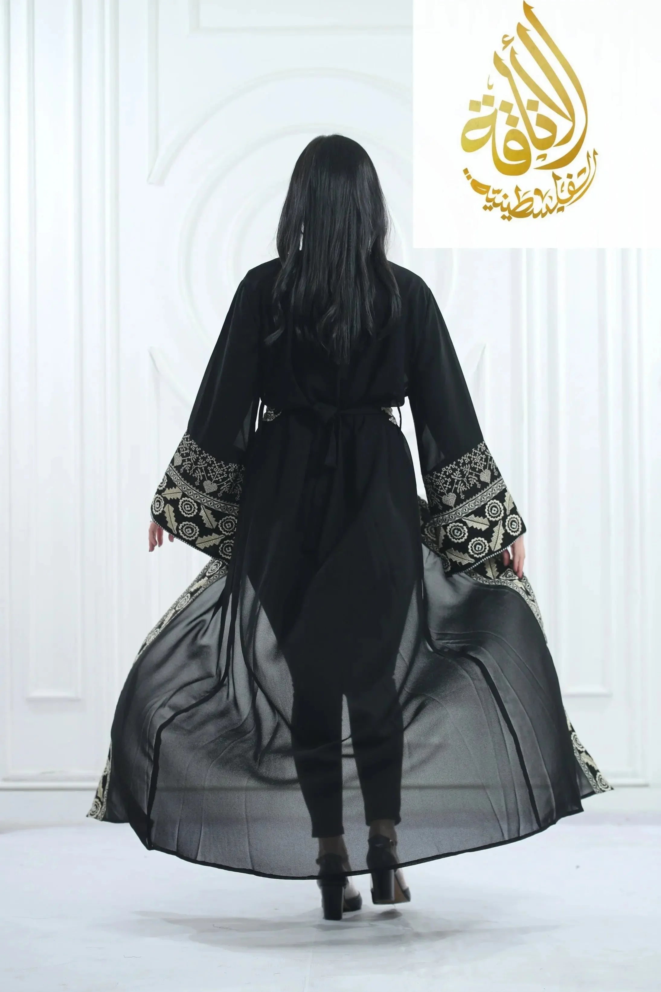 Chiffon Bisht with Luxurious Reed Gold Embroidery: Elegance & Sophistication Palestinian Elegance