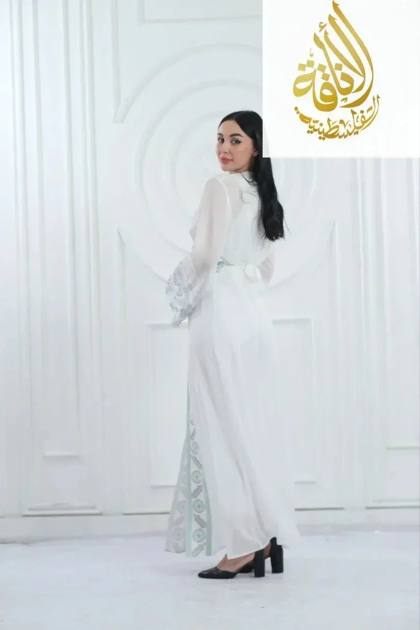 Chiffon Bisht with Luxurious Reed Gold Embroidery: Elegance & Sophistication Palestinian Elegance