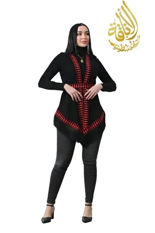 Palestinian Elegance embroidered chiffon vest in black with red traditional embroidery worn over black outfit