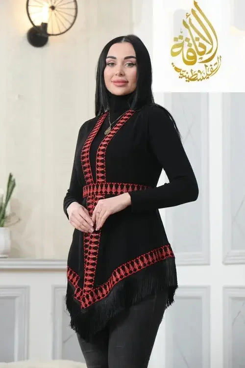 Palestinian Elegance embroidered chiffon vest in black with red geometric embroidery and fringe details