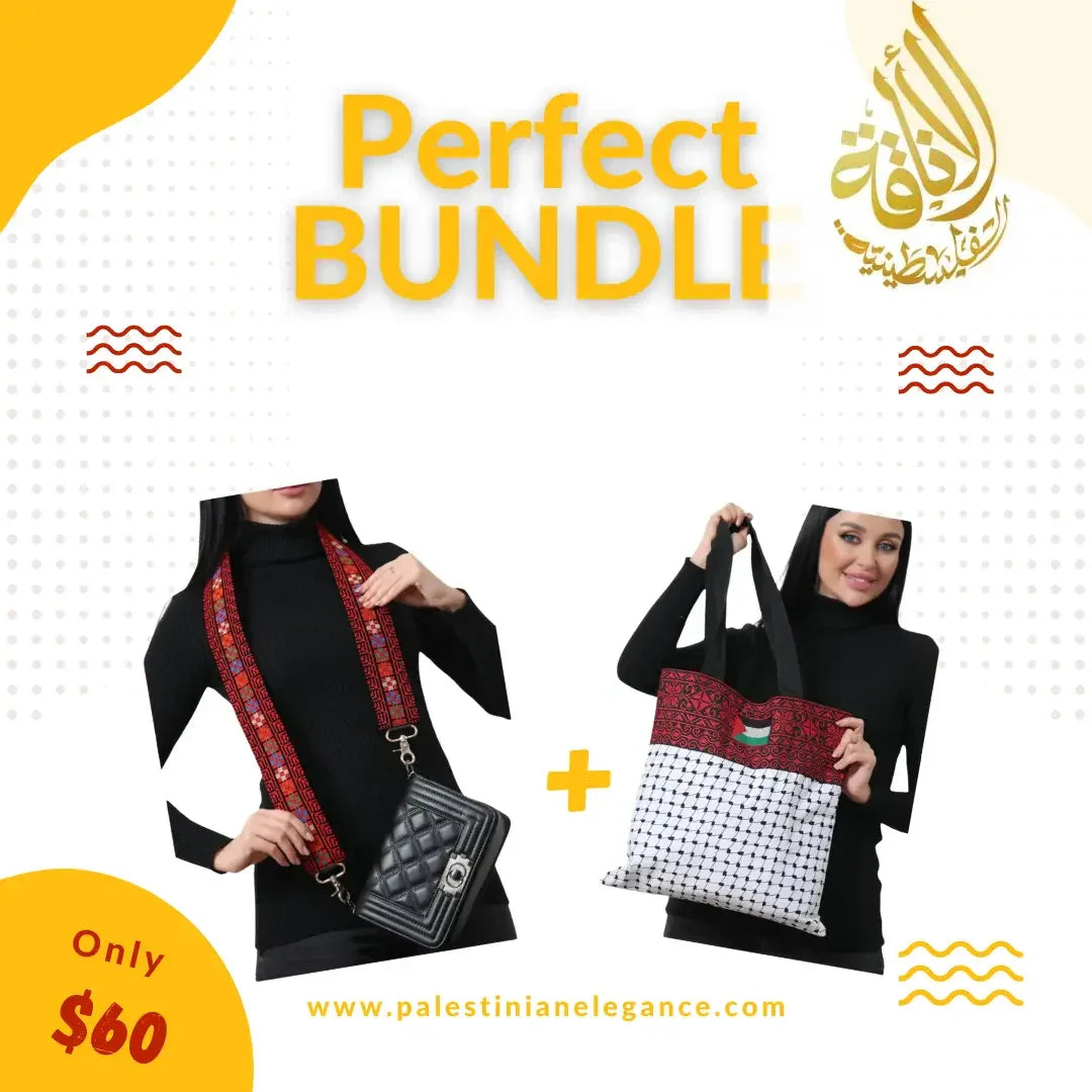 Cultural Elegance Bundle: Heritage Embroidered Purse Strap & Kuffiyeh Tote Bag Palestinian Elegance