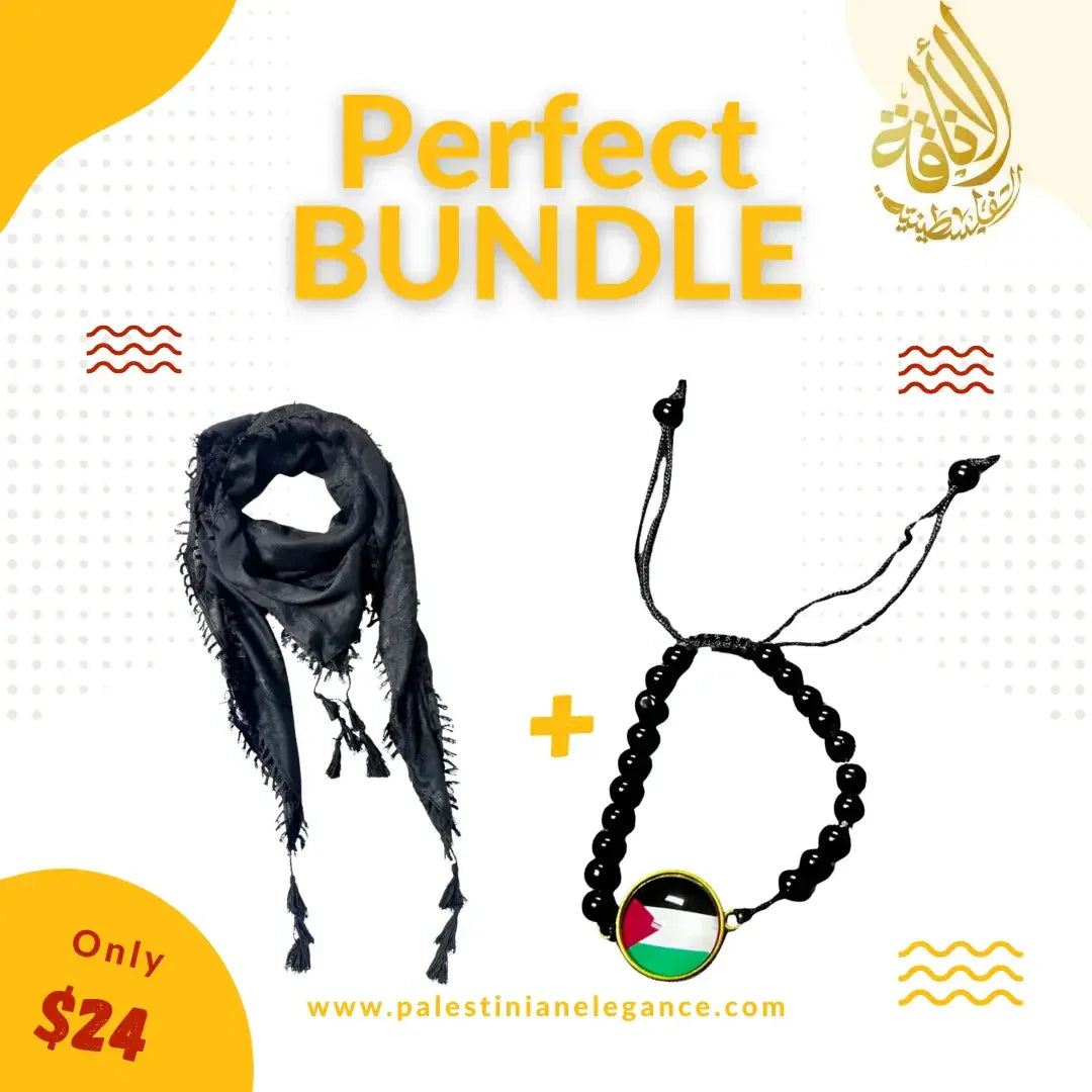 Cultural Heritage Bundle: Black on Black Kofaya with Sharshoba & Circle Palestine Bracelet Palestinian Elegance