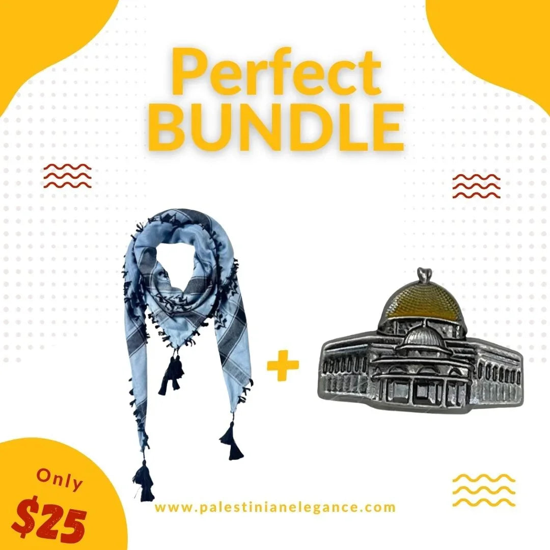 Palestinian Elegance bundle with blue tassel keffiyeh scarf and Dome of the Rock ornament Cultural Heritage Gift Set