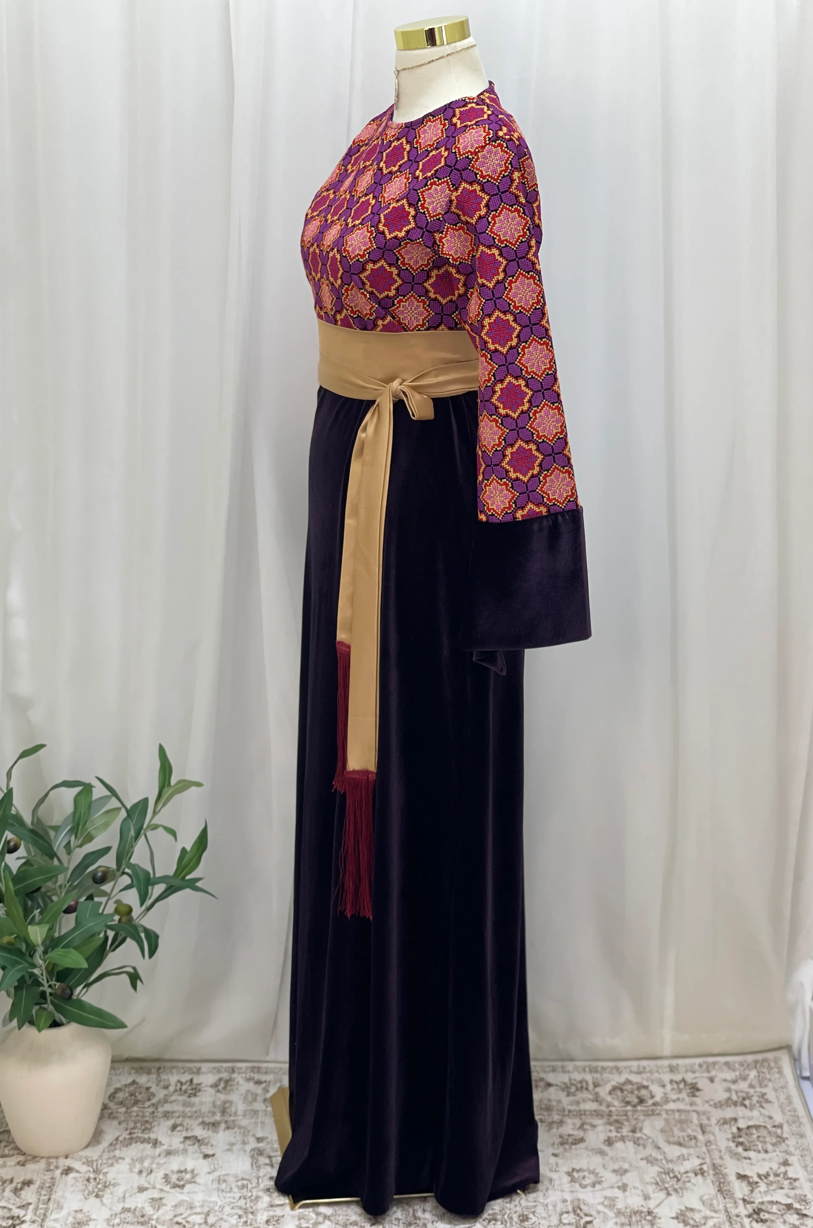 Embroidered Velvet Maxi Dress with Satin Belt