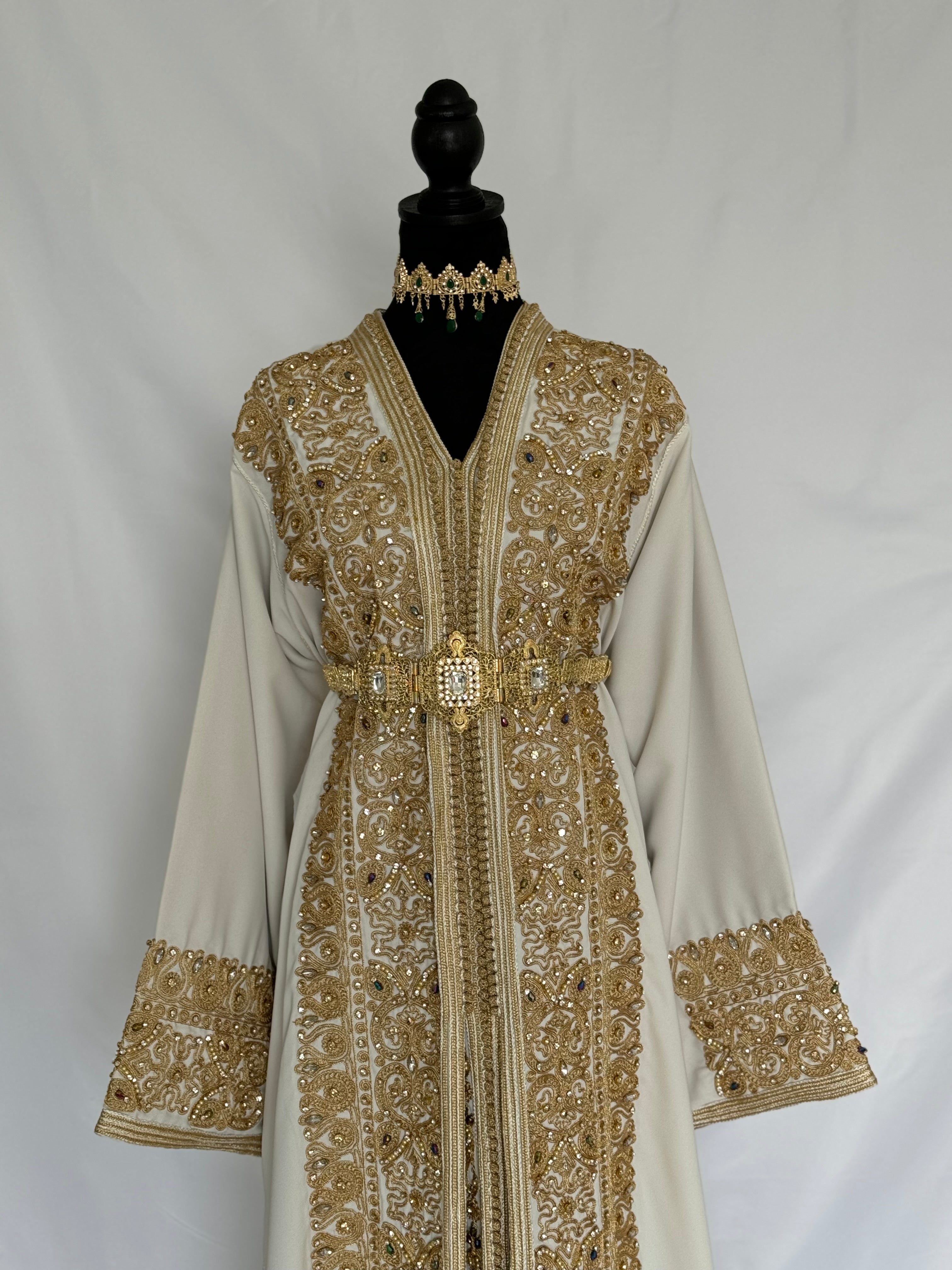 Handmade Silk Crepe Moroccan Kaftan: Gold Thread Embroidery, Belted Takchita