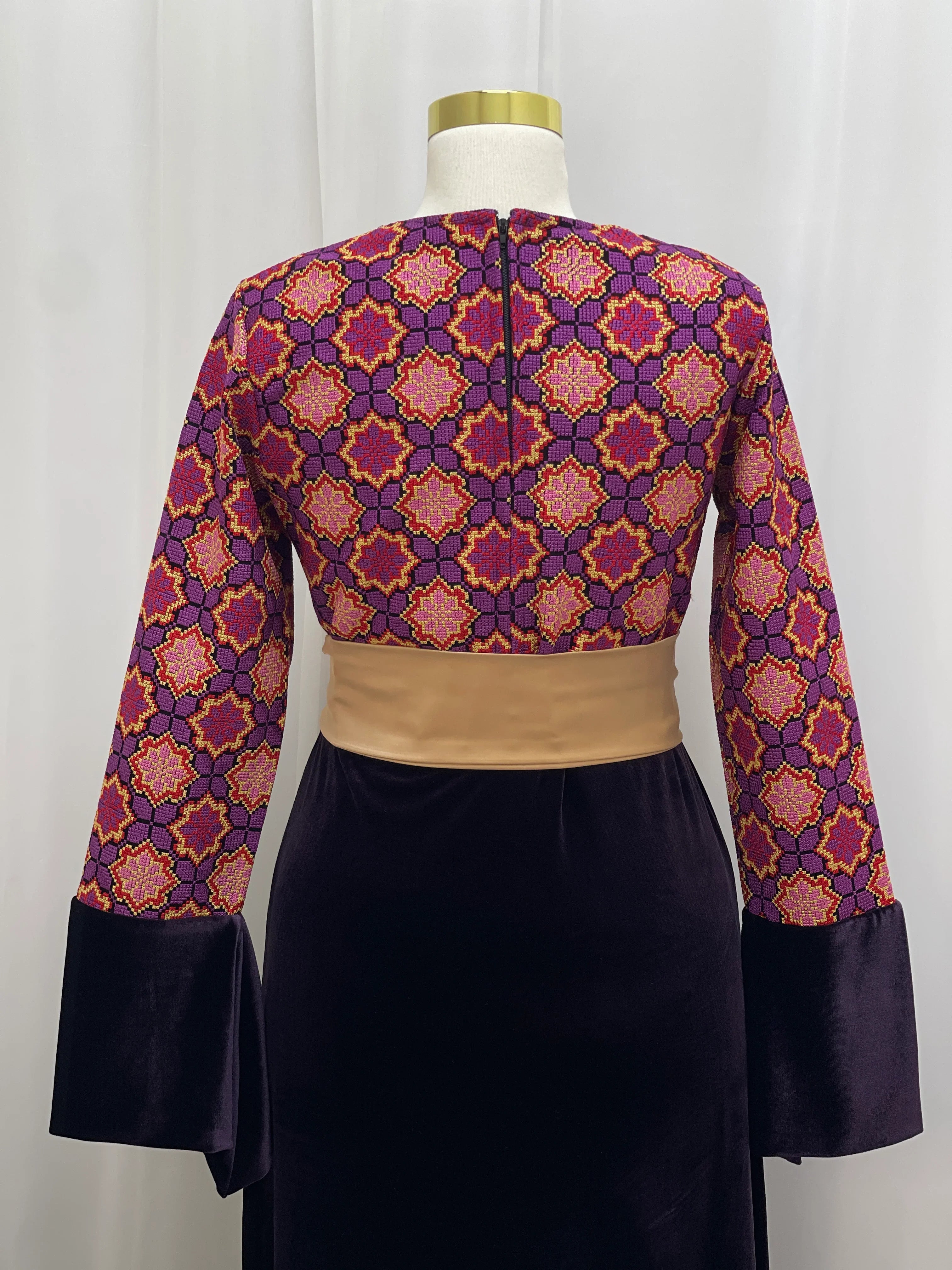 Embroidered Velvet Maxi Dress with Satin Belt