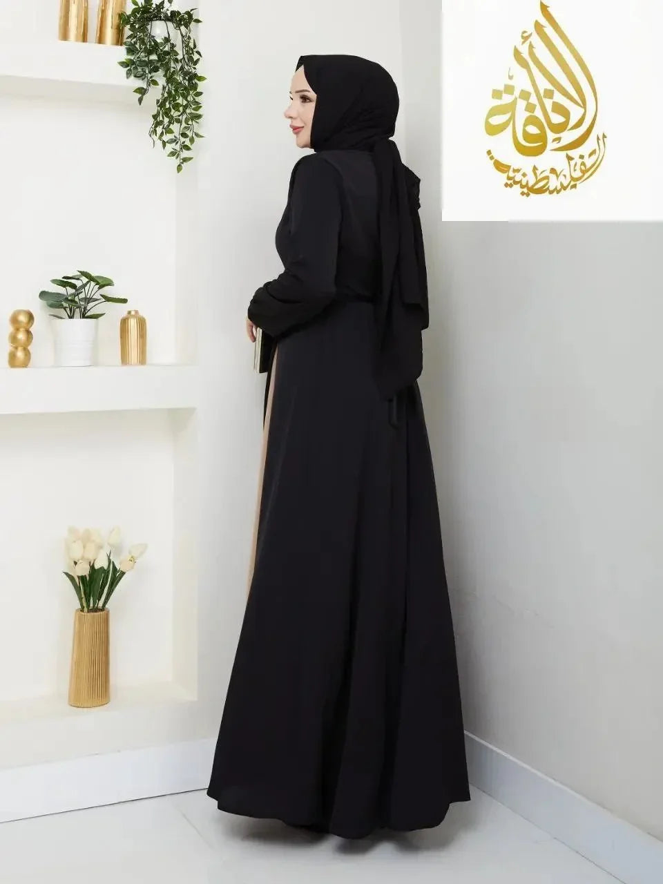 Palestinian Elegance black elegant formal long dress with full sleeves and matching hijab