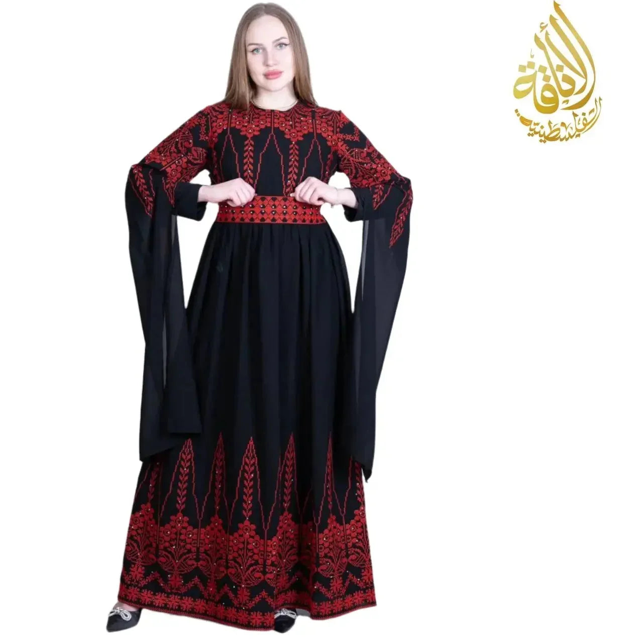 Palestinian embroidered dress in black with red traditional embroidery by Palestinian Elegance