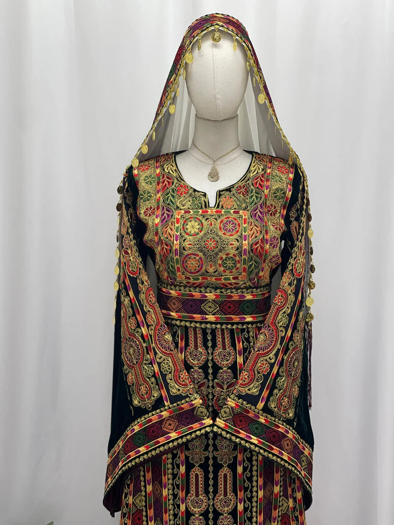 Dark Green Queen Qasab Embroidered Khirka with Coin Trim