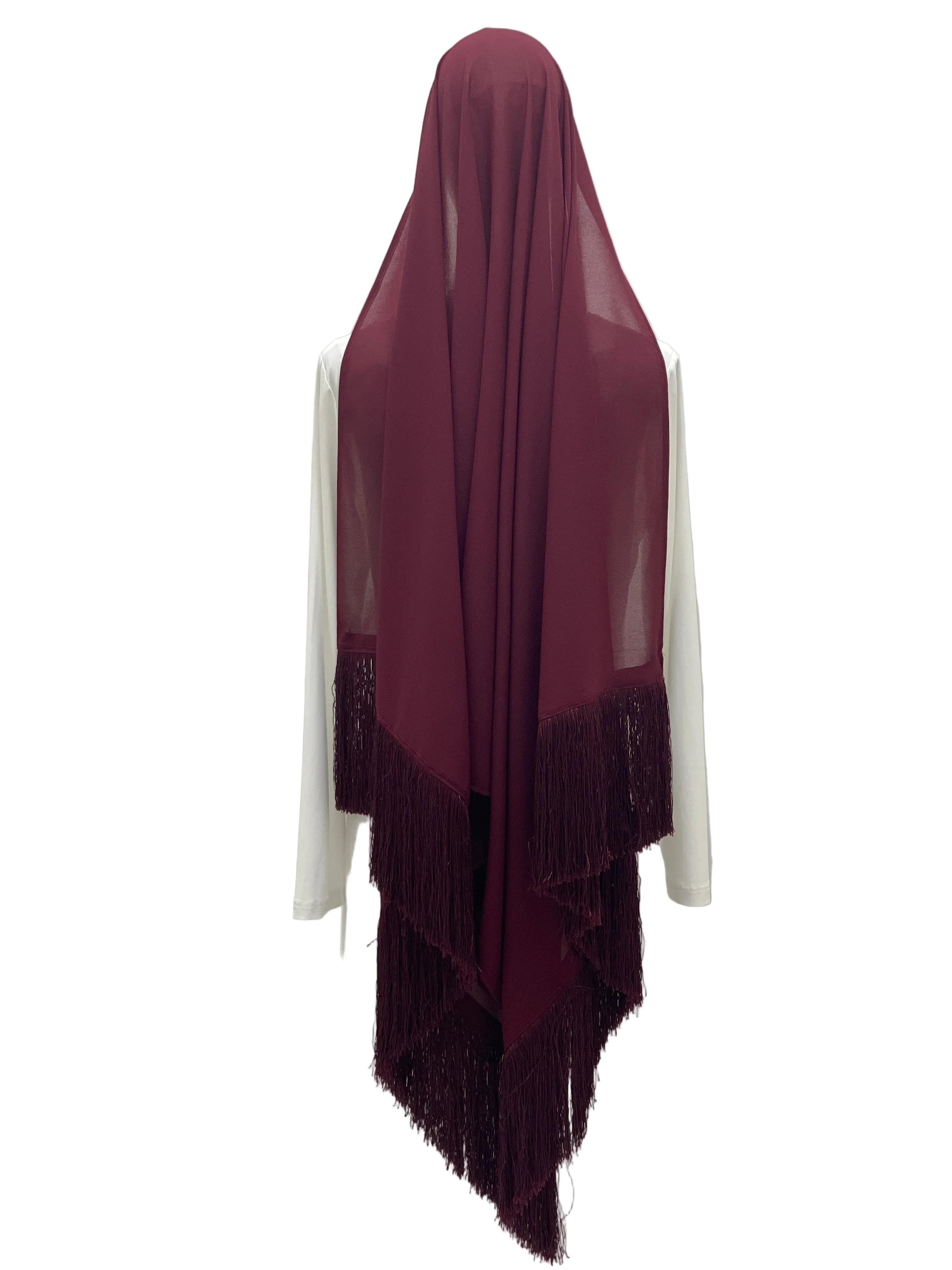 Dark Maroon Khirka With Tassel by Palestinian Elegance draped on mannequin back view with layered fringe